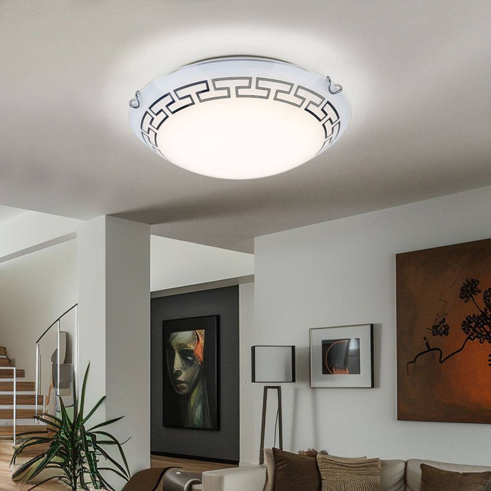 Deckenleuchte Glas satiniert Deckenlampe gemustert Flurleuchte rund, Metall, 1x LED 12W 967Lm warmweiß, DxH 30x9 cm