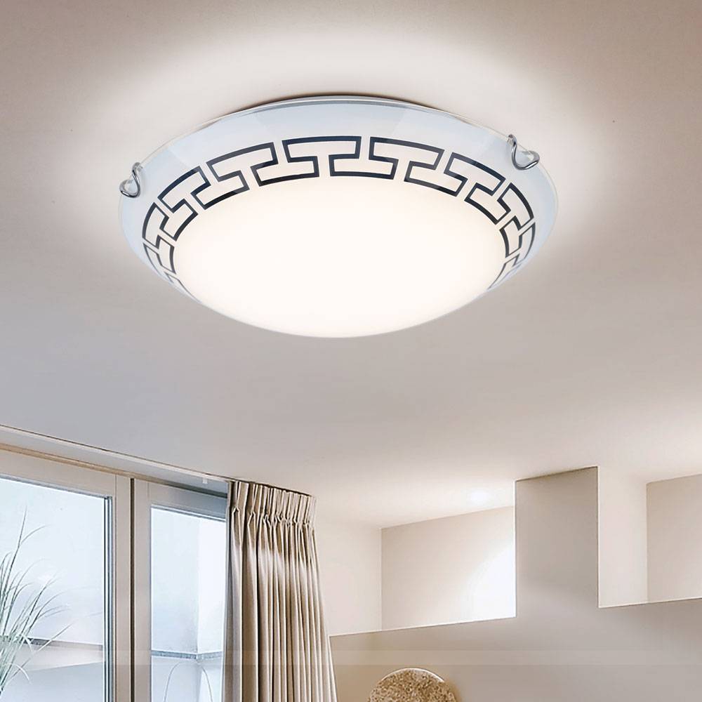 Deckenleuchte Glas satiniert Deckenlampe gemustert Flurleuchte rund, Metall, 1x LED 12W 967Lm warmweiß, DxH 30x9 cm