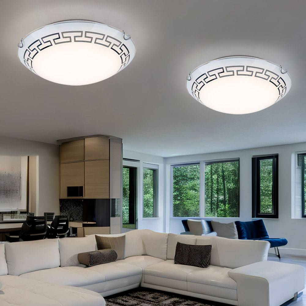 Deckenleuchte Glas satiniert Deckenlampe gemustert Flurleuchte rund, Metall, 1x LED 12W 967Lm warmweiß, DxH 30x9 cm