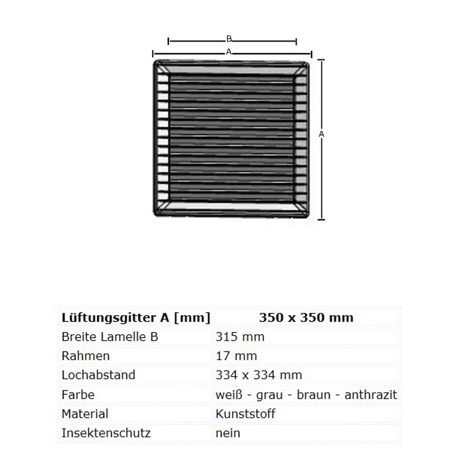 Lüftungsgitter Abluftgitter Lamellengitter Kunststoff eckig 350 x 350 mm graphit/anthrazit