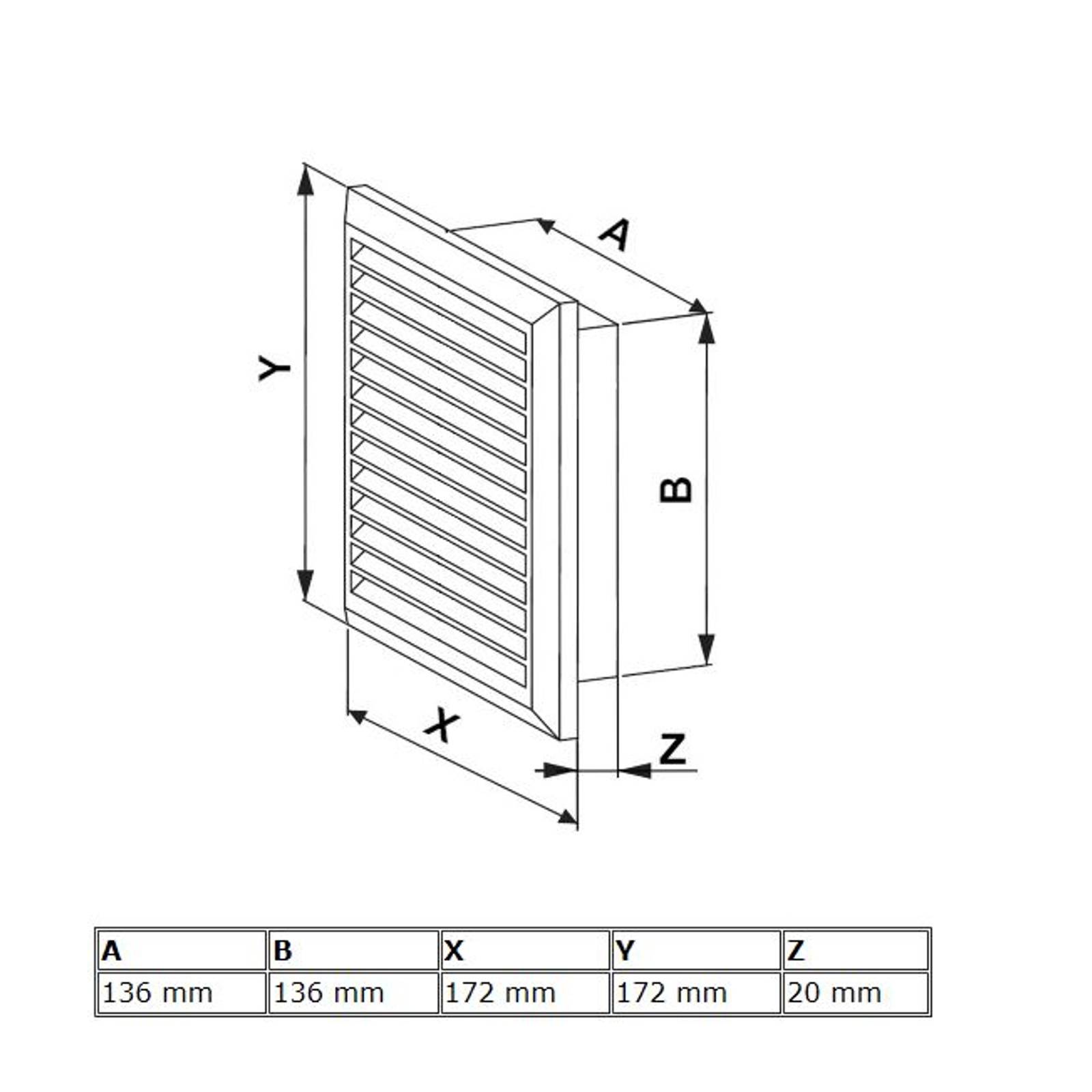 Lüftungsgitter Lamellen Abluftgitter Insektenschutz Flansch eckig 140 x 140 mm grau
