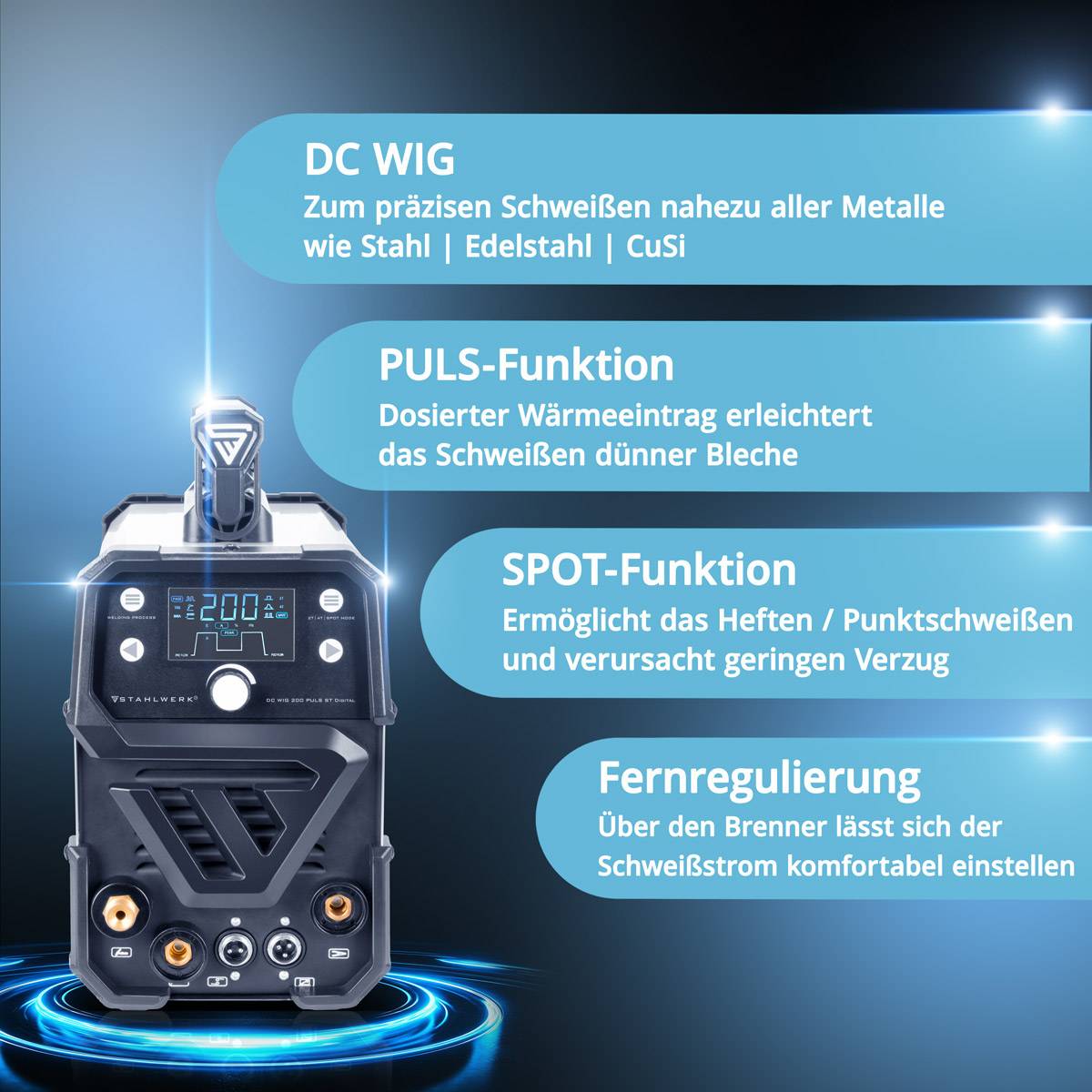 STAHLWERK Schweißgerät DC WIG 200 Puls ST Digital MMA Spot- und Pulsfunktion