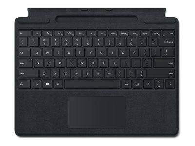 Eine schwarze Tastatur mit integriertem Touchpad, ausgestattet mit einer Reihe von Funktionstasten und einer Standard-QWERTZ-Tastaturanordnung.