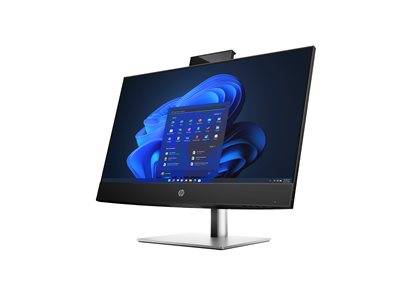Ein eleganter, moderner Computermonitor, der einen Windows-11-Startbildschirm mit verschiedenen Anwendungssymbolen anzeigt, auf einem minimalistischen silbernen Ständer aufgestellt.