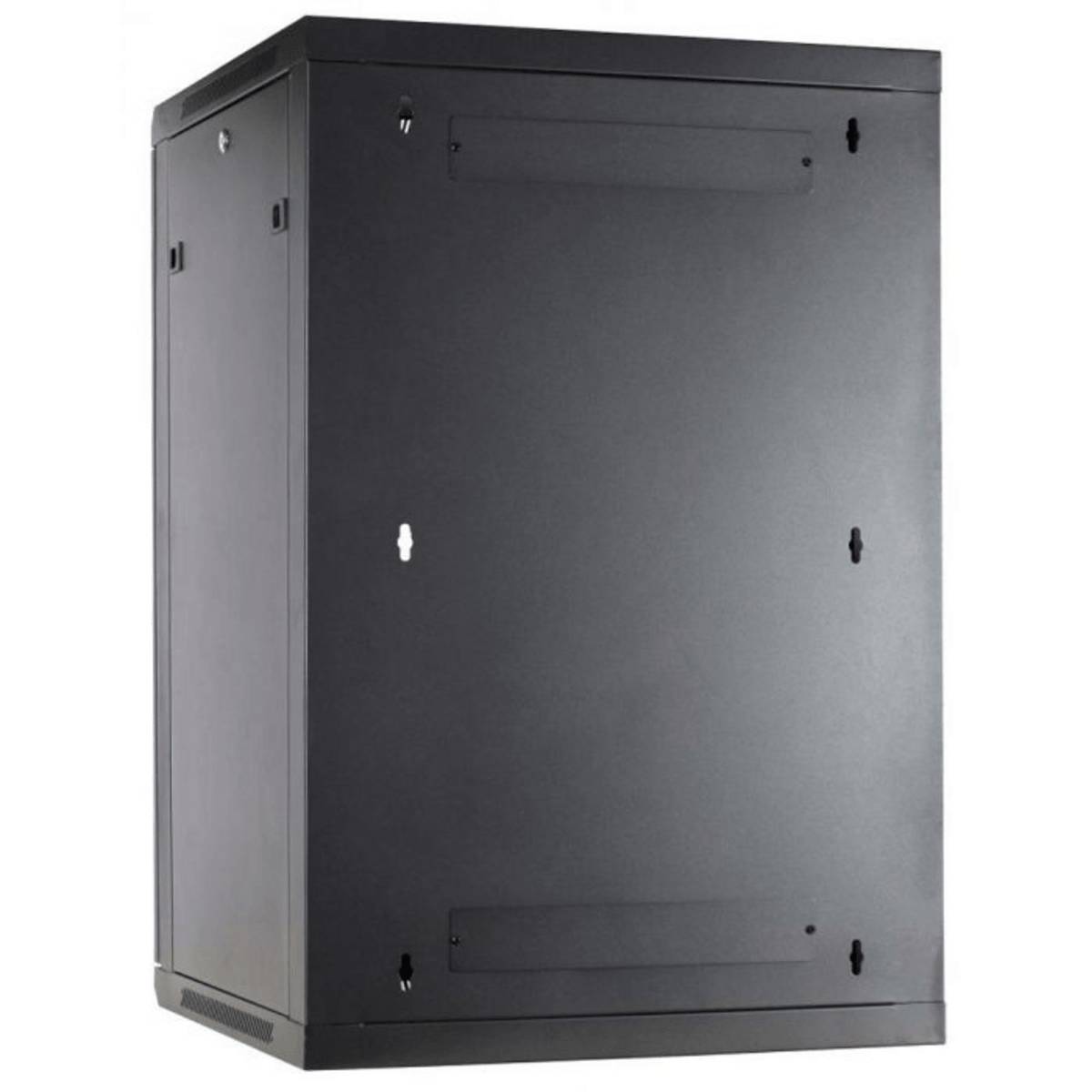 Ein schwarzes, wandmontiertes Server-Rack-Gehäuse aus Metall mit rechteckiger Form und einem Belüftungsschlitz an der Seite.