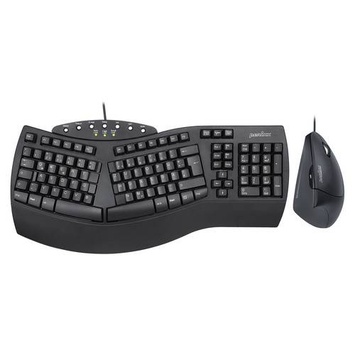 Ergonomische Tastatur und vertikale Maus auf weißem Hintergrund, entwickelt für eine komfortable Handposition und reduzierte Handgelenkbelastung.