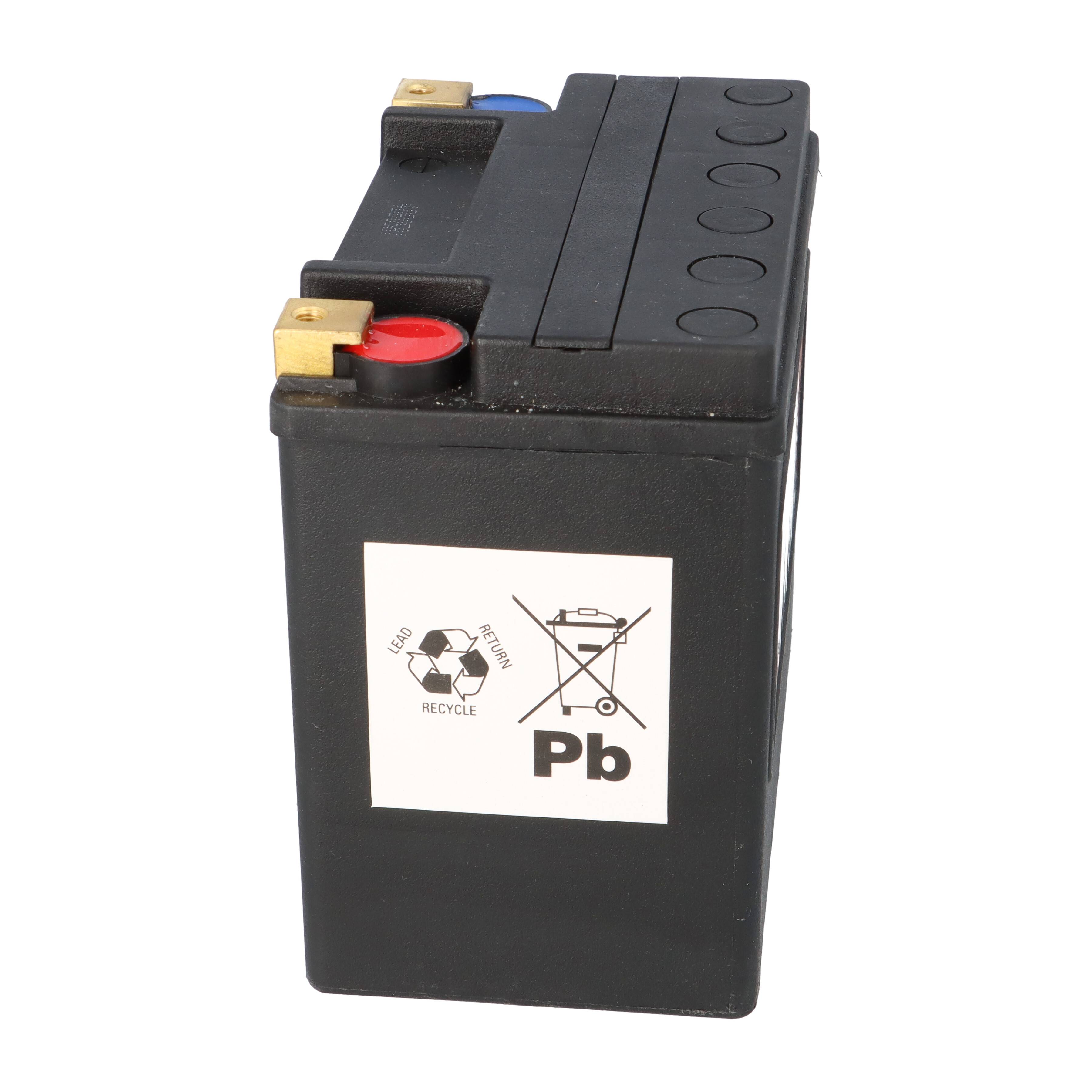 Eine schwarze Batterie mit Recycling-Symbol, „Pb