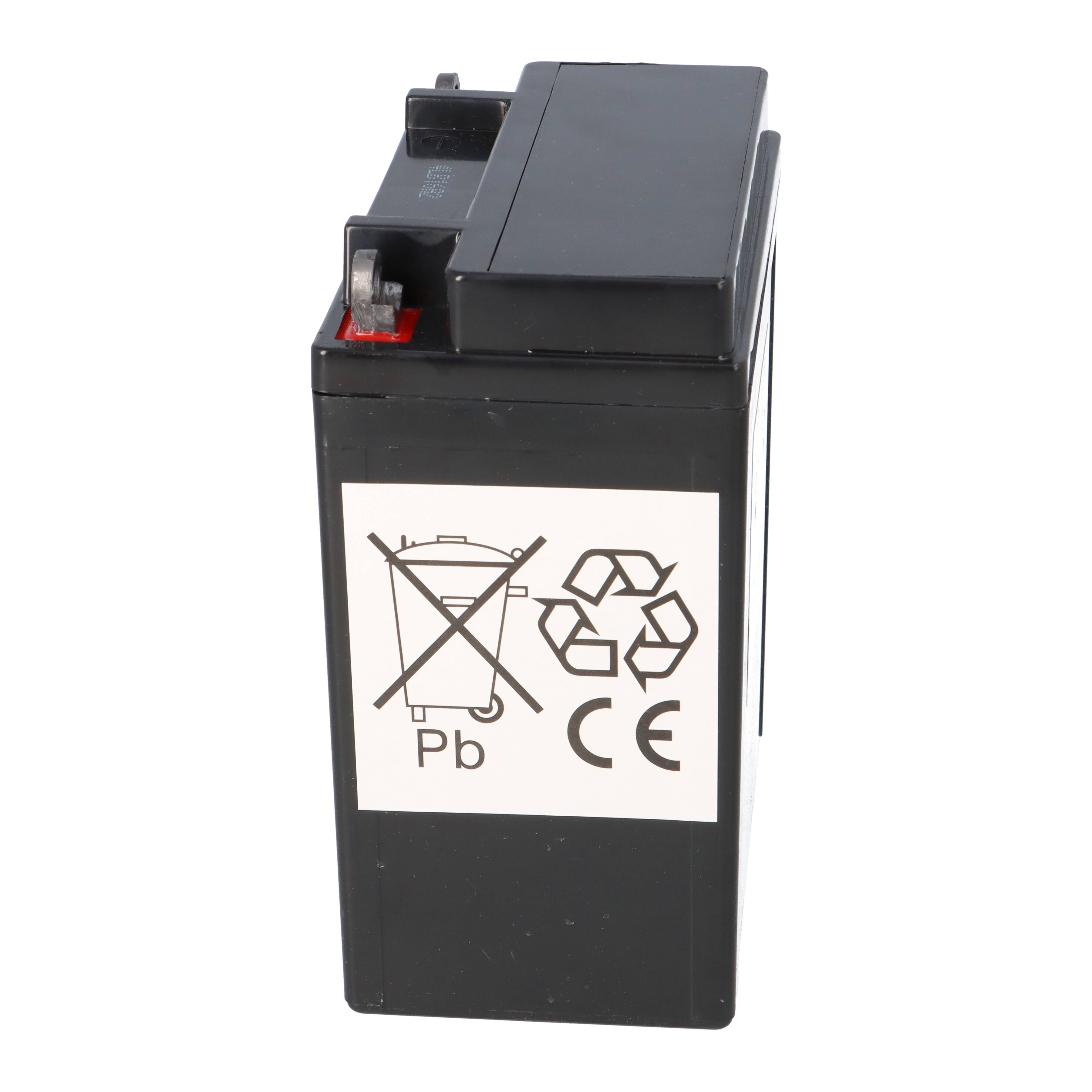 Schwarze Batterie mit Recycling-Symbolen und „Pb