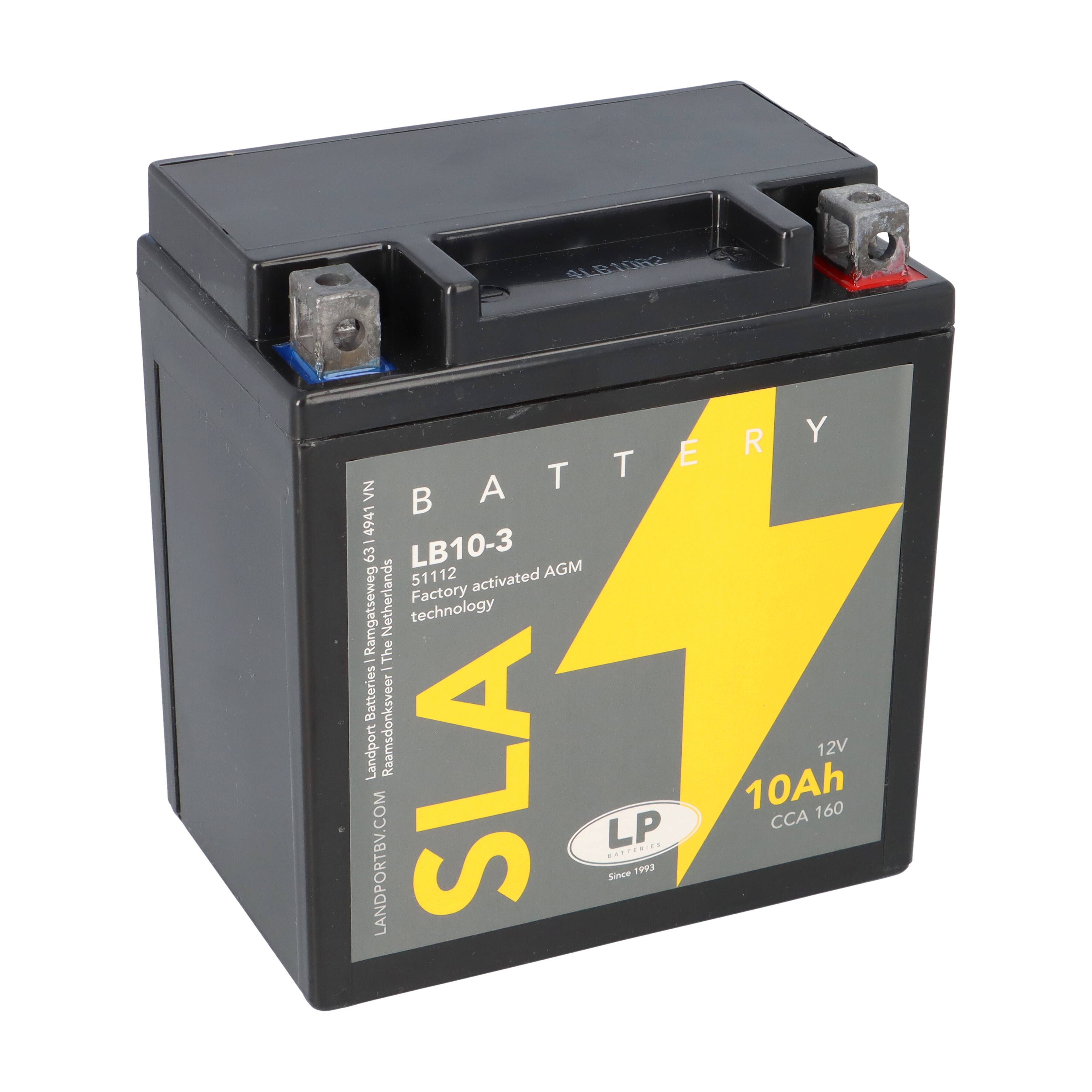 12V 10Ah SLA-Batterie mit gelbem Blitzdesign, beschriftet mit LB10-3, ausgestattet mit werksseitig aktivierter AGM-Technologie für zuverlässige Stromversorgung.