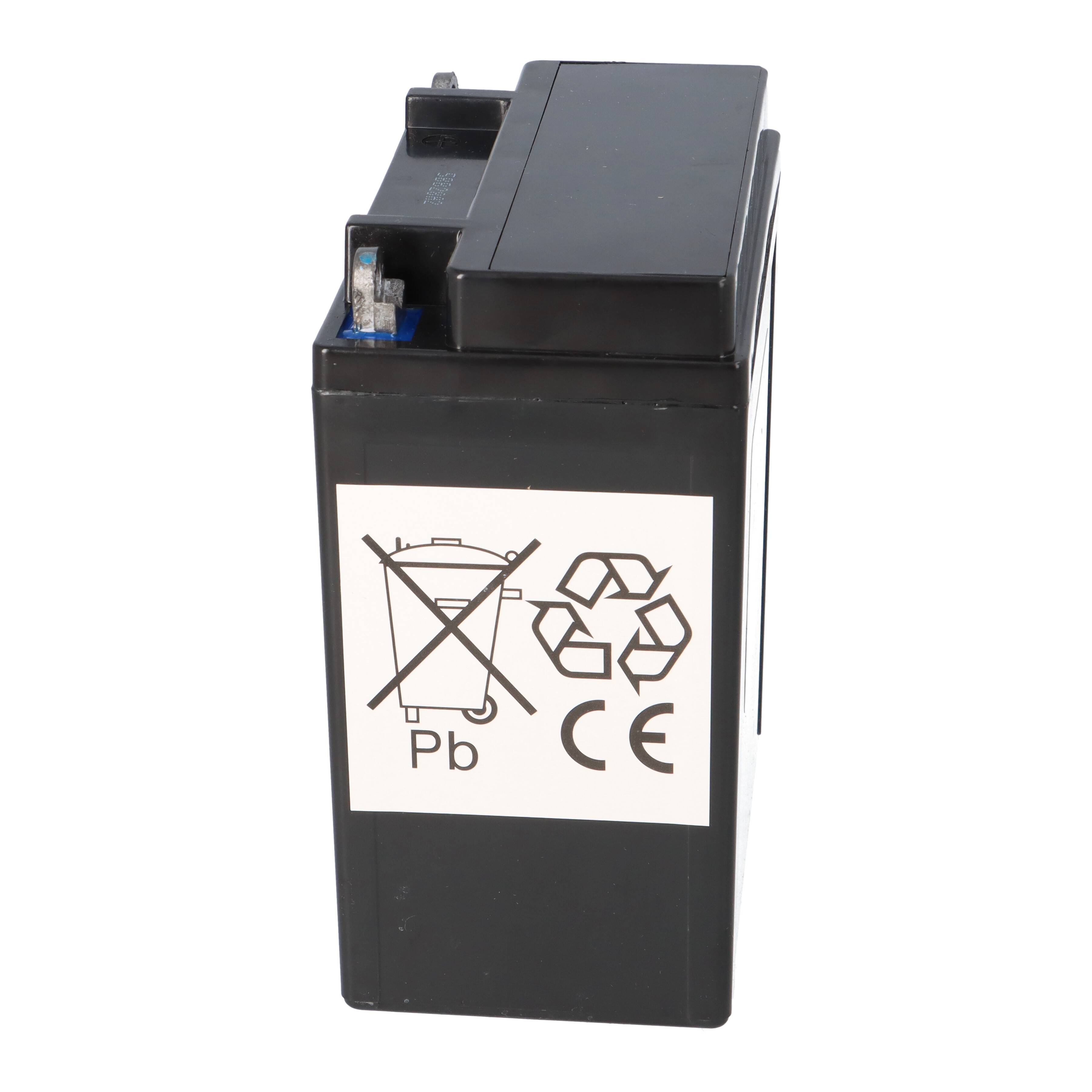 „Eine rechteckige schwarze Batterie mit einem Etikett, das eine durchgestrichene Mülltonne, ein Recycling-Symbol, „Pb