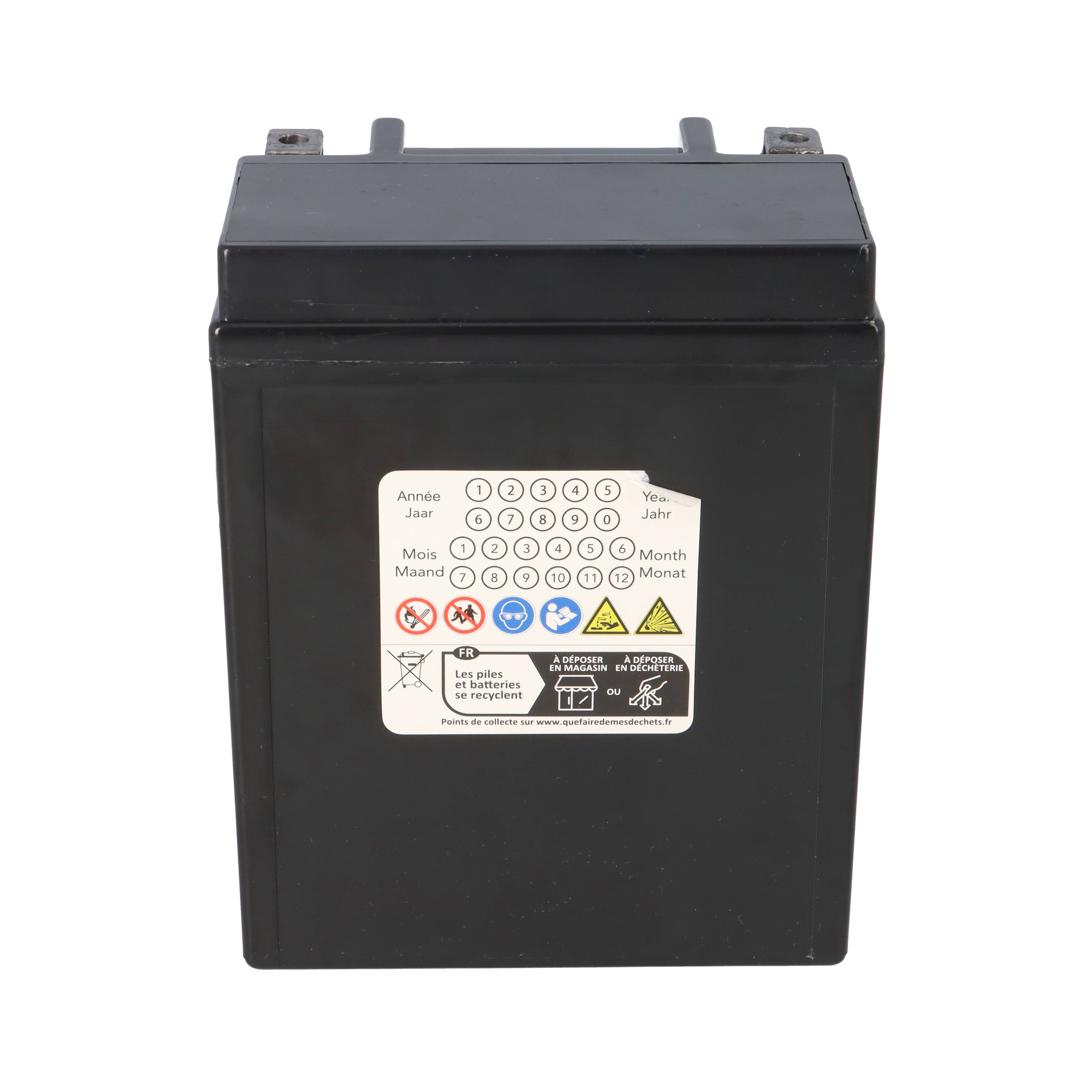 Eine rechteckige versiegelte Blei-Säure-Batterie mit gelbem Blitzsymbol und „SLA