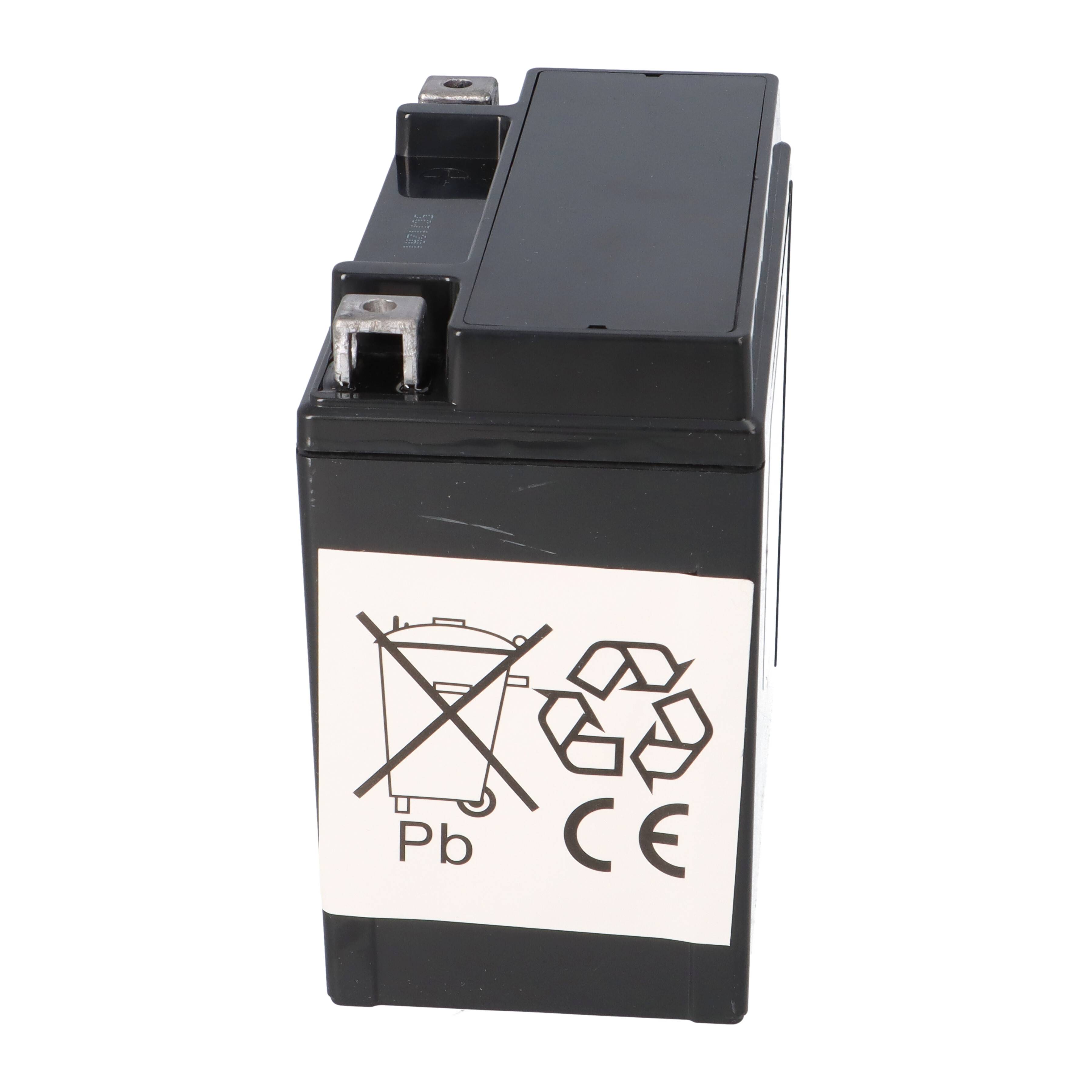 Eine versiegelte Blei-Säure-Batterie mit Recycling- und Entsorgungssymbolen, einschließlich einer durchgestrichenen Mülltonne, Recyclingpfeilen, „Pb