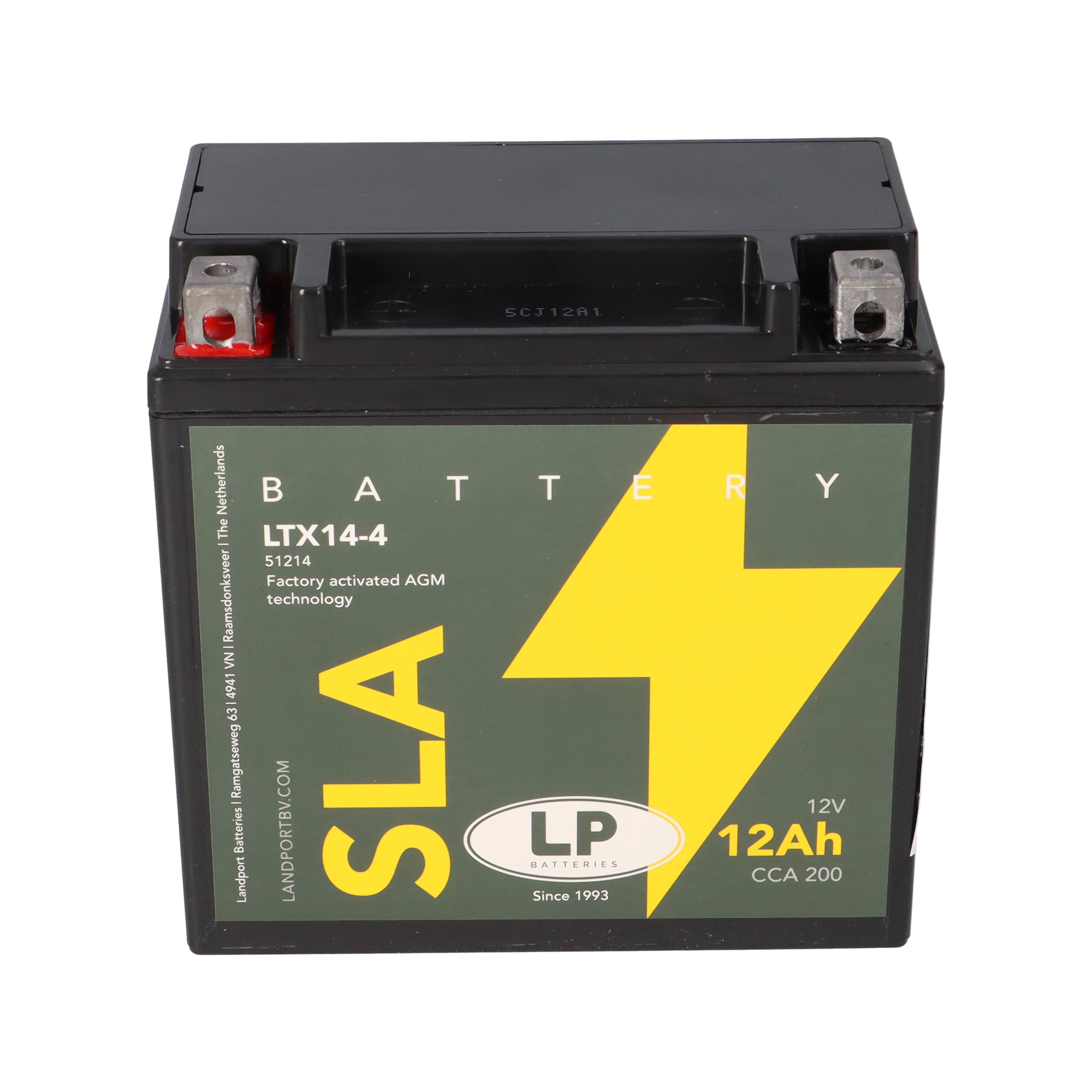 Schwarze SLA-Batterie mit gelbem Blitzdesign, mit der Bezeichnung 'LTX14-4', 12V 12Ah, CCA 200. Werkseitig aktivierte AGM-Technologie.