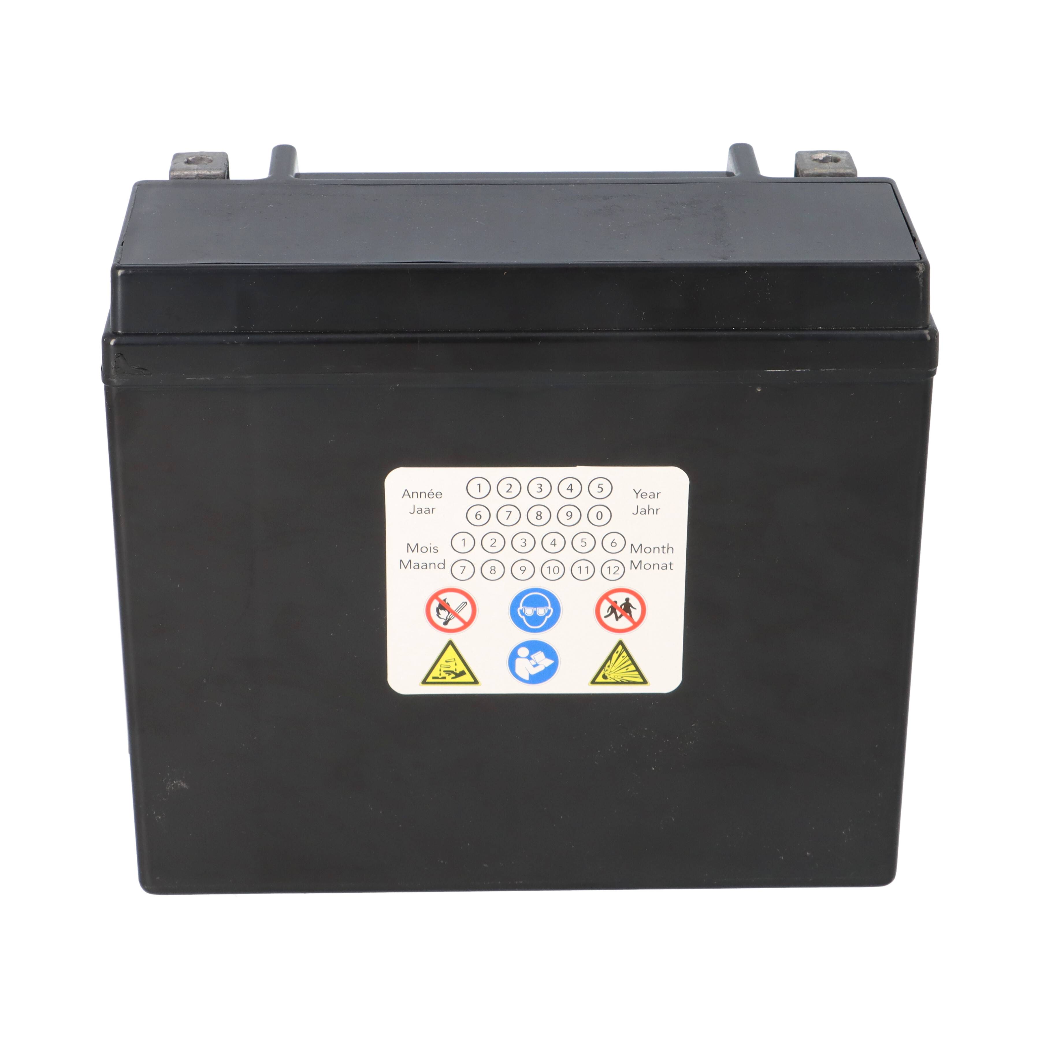 Eine schwarze rechteckige Batterie mit einem Etikett, das Sicherheitssymbole zeigt, einschließlich eines Warnungsdreiecks und eines durchgestrichenen Mülleimers.