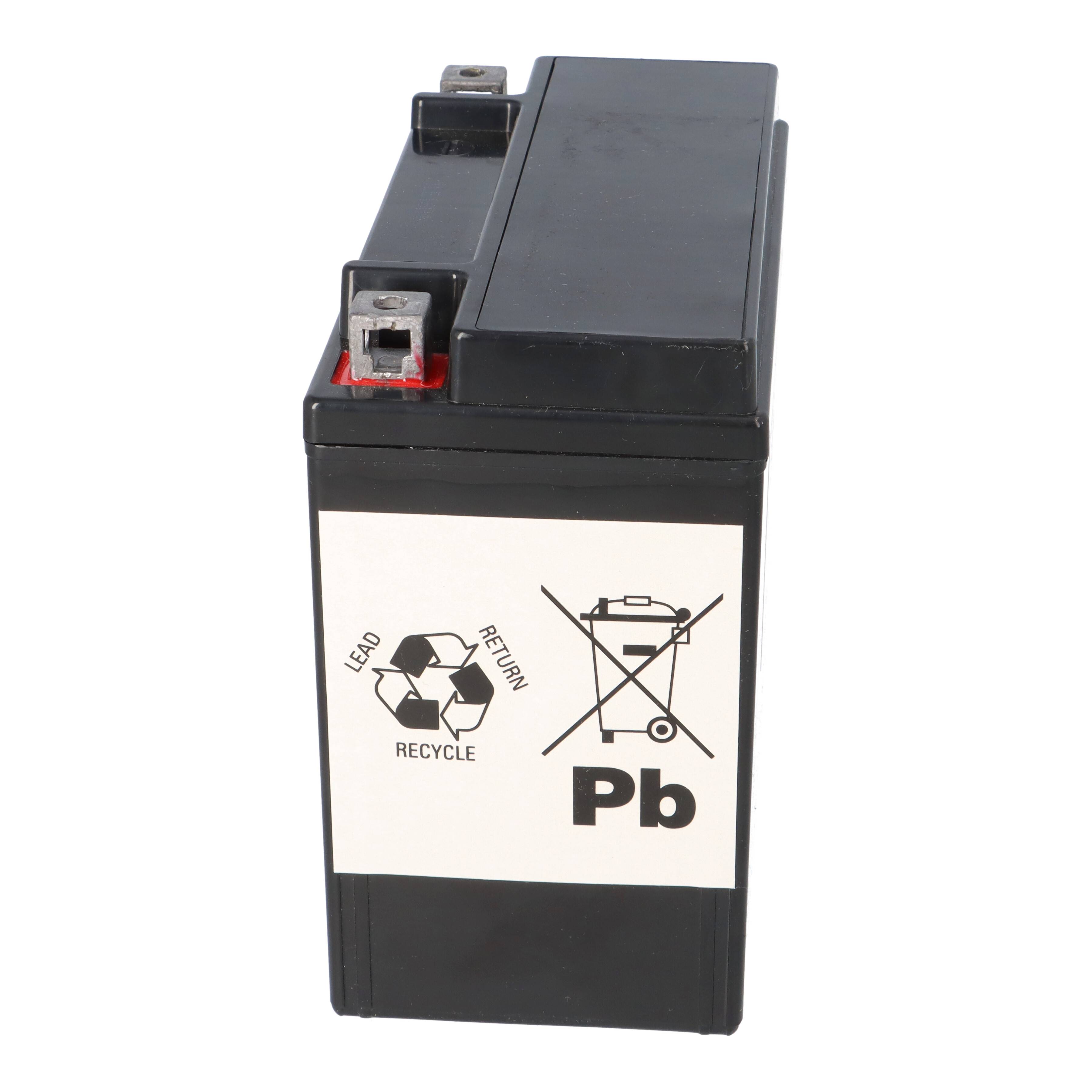 Eine schwarze Batterie mit einem Recycling-Symbol und „Pb
