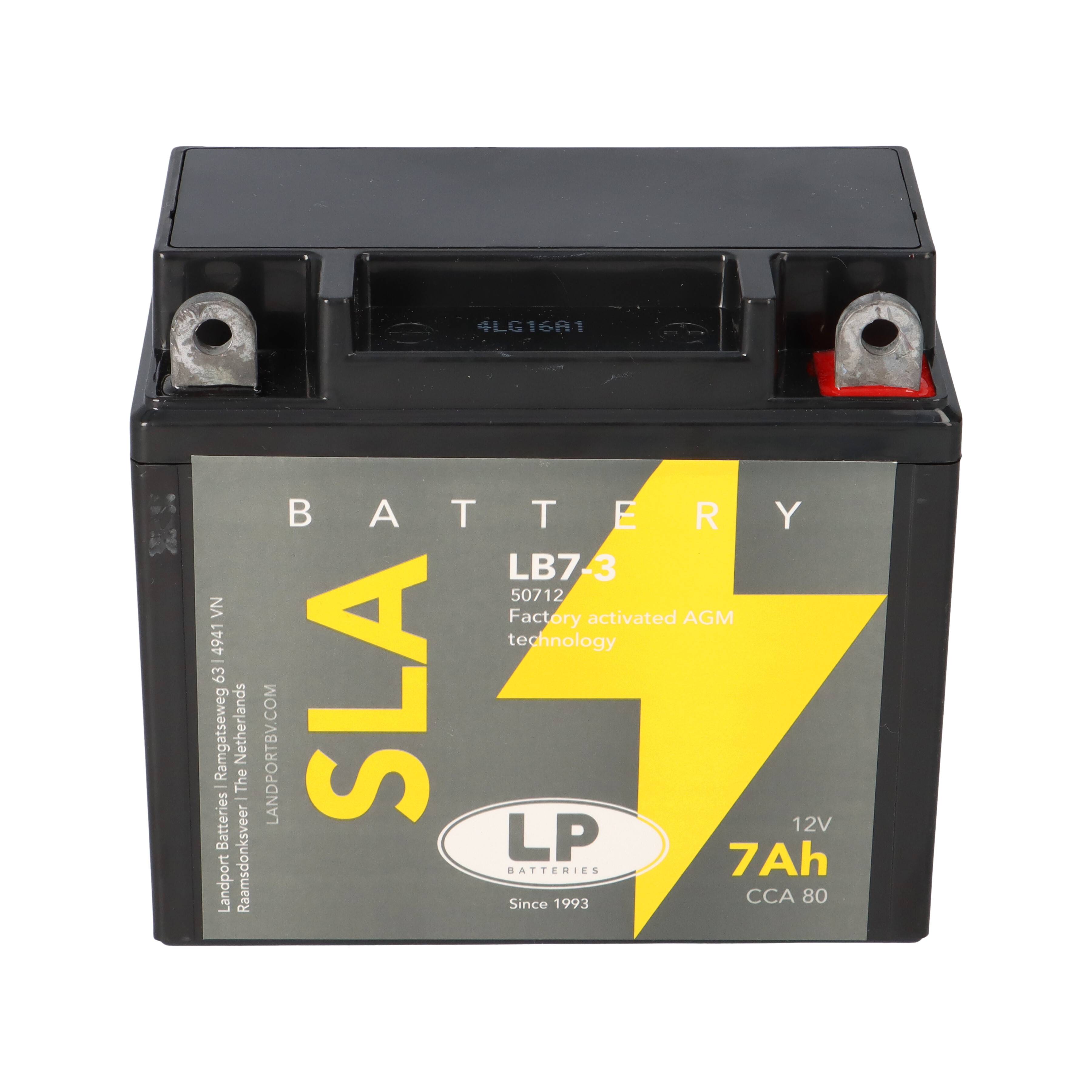 LP SLA Battery LB7-3' Etikett mit gelbem Blitzgraphik, 12V, 7Ah Kapazität, CCA 80; werksseitig aktivierte AGM-Technologie.