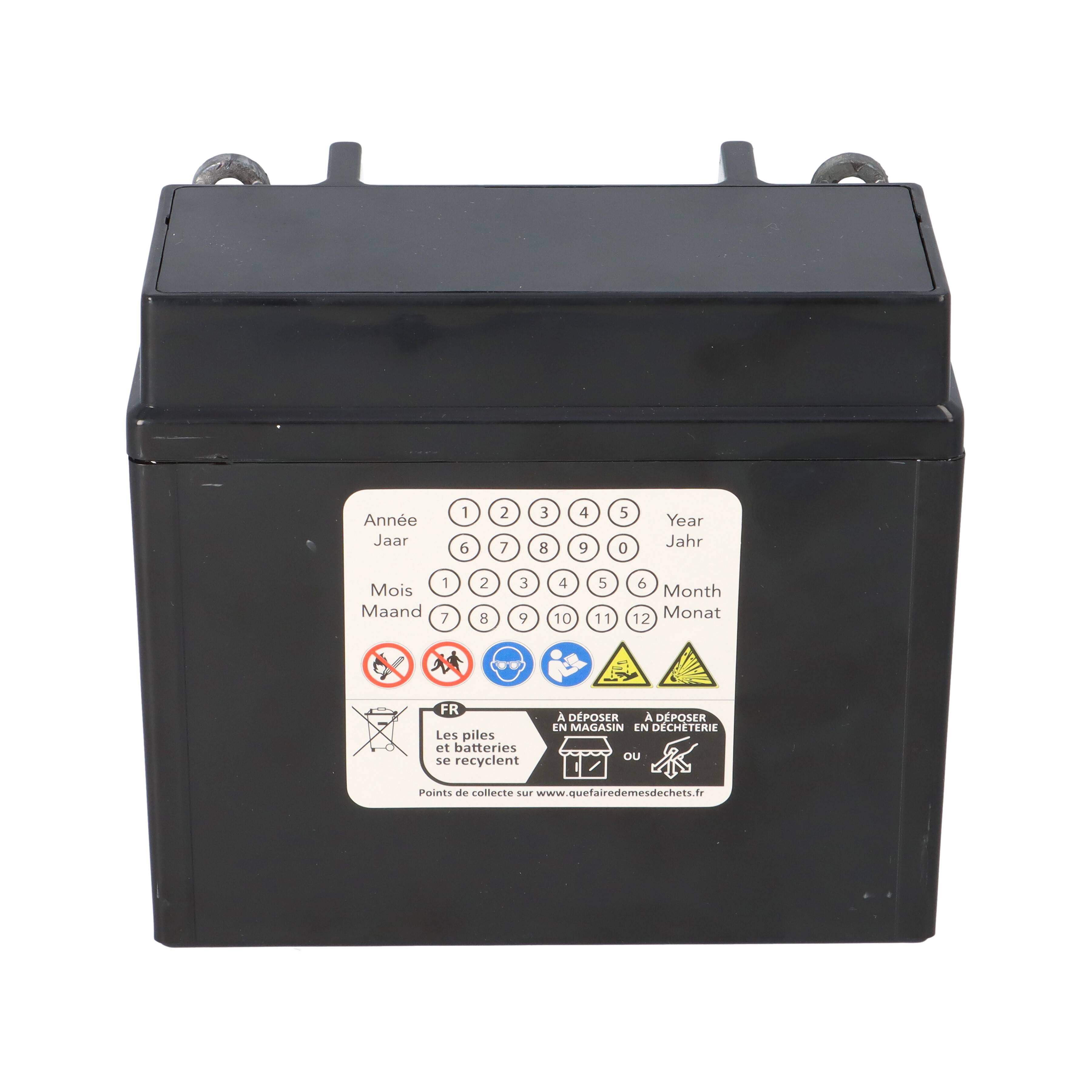 Eine schwarze rechteckige Batterie mit einem Etikett, das Recycling-Symbole, Zahlen für Monate und Sicherheitssymbole aufweist.