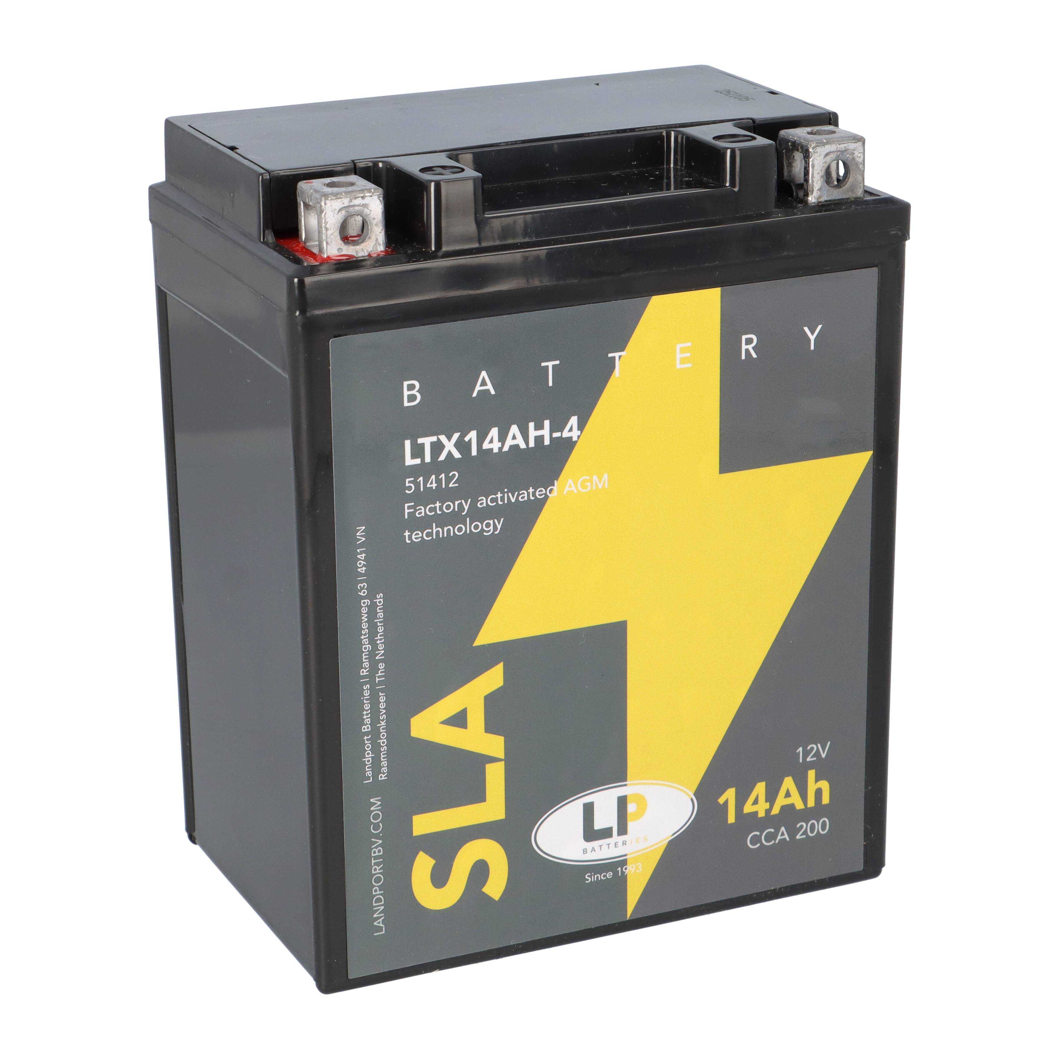 12V-SLA-Batterie mit AGM-Technologie, 14Ah Kapazität, bezeichnet mit LTX14AH-4, mit einem gelben Blitzsymbol auf der Vorderseite.