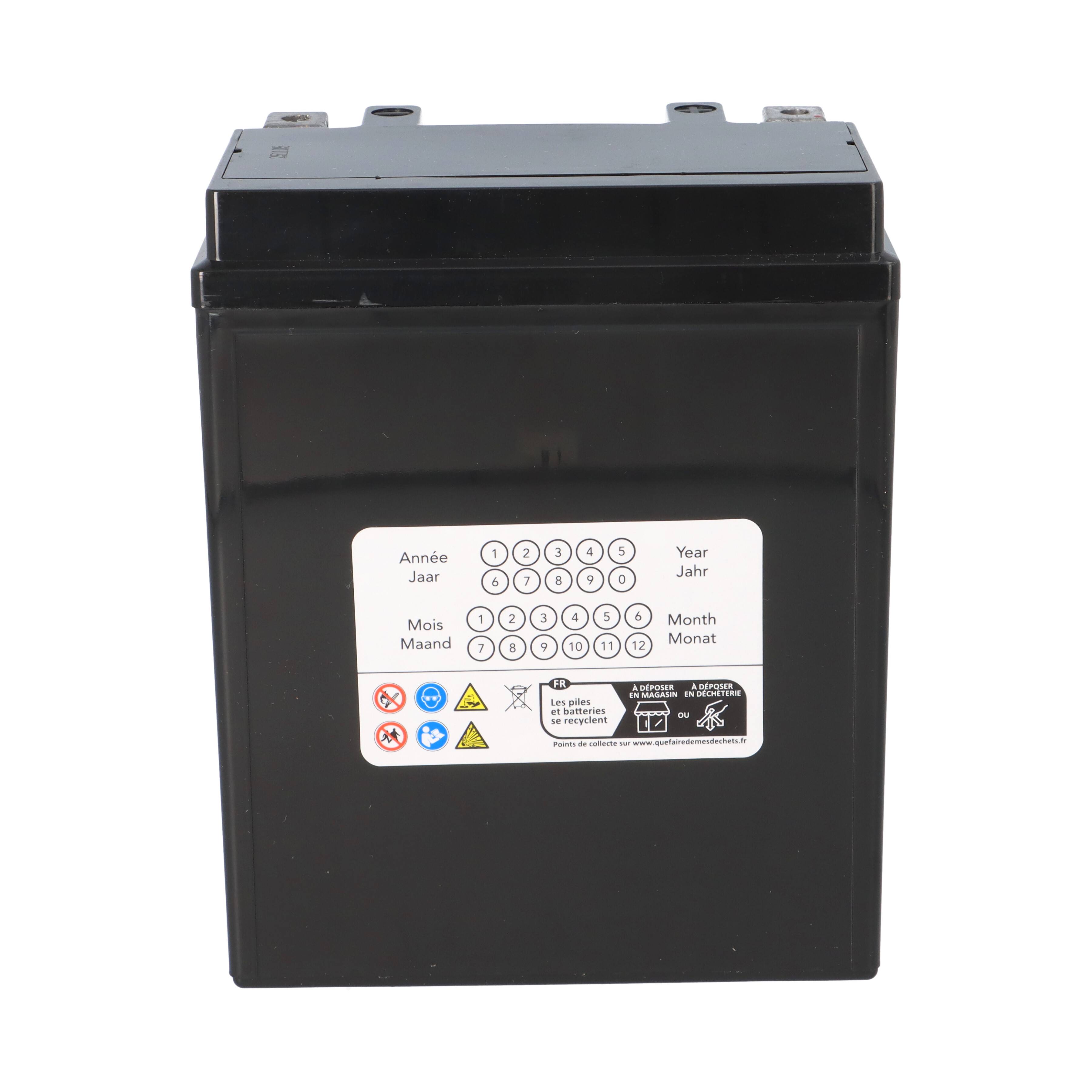 Eine schwarze Motorradbatterie mit einem weißen Etikett, das Anweisungen und Sicherheitssymbole in mehreren Sprachen zeigt.
