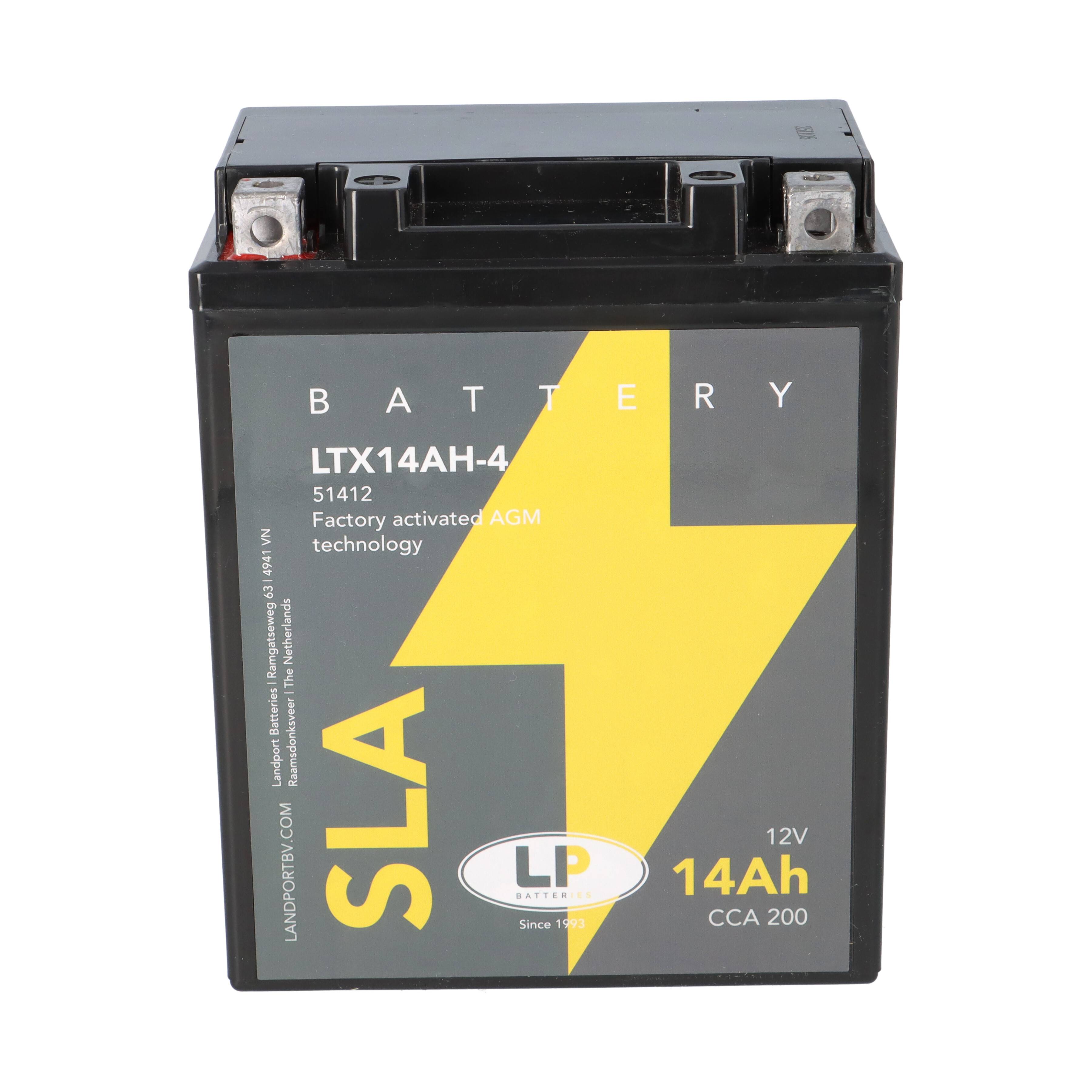 Eine rechteckige, schwarze SLA-Batterie mit gelbem Blitzdesign, beschriftet mit „LTX14AH-4