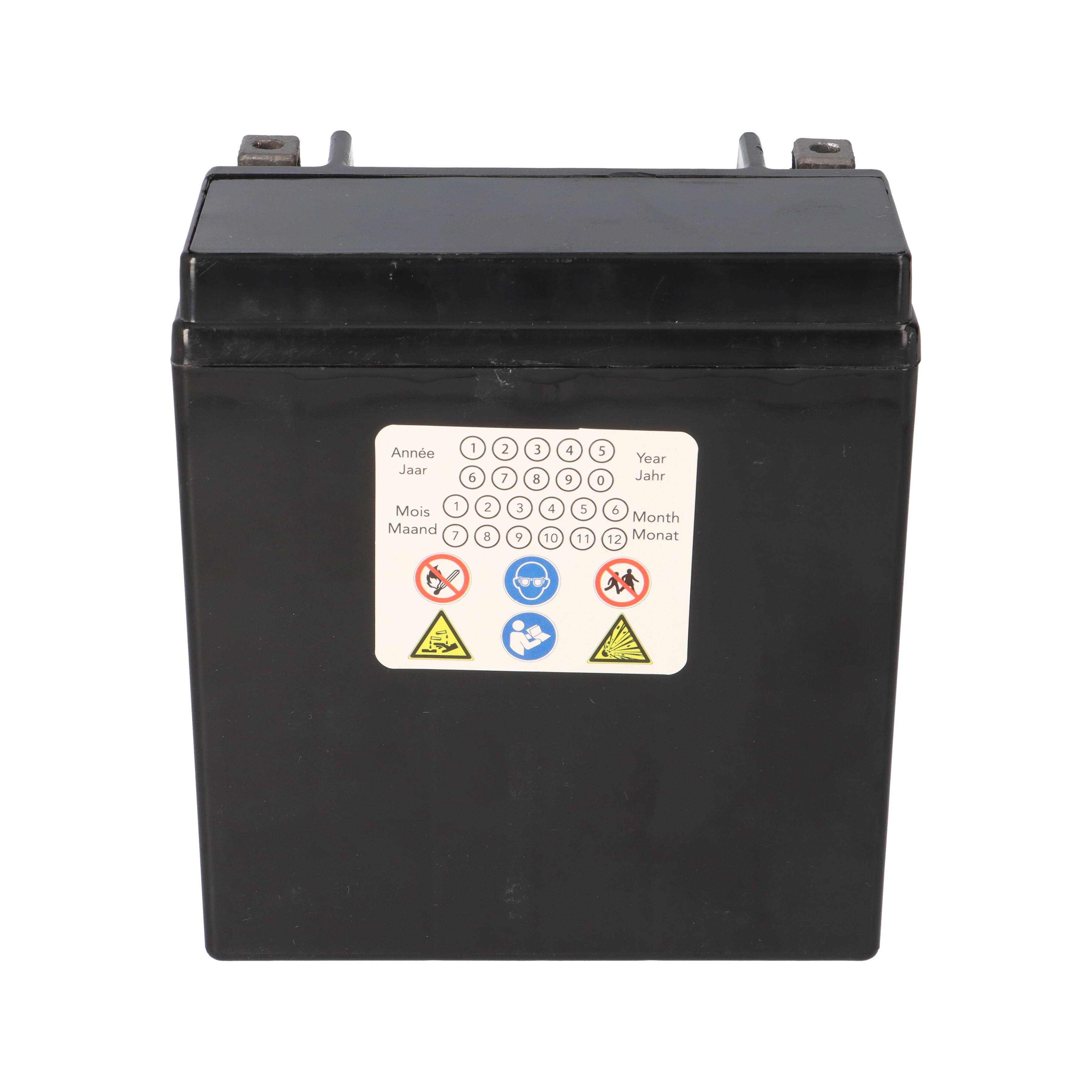 Eine schwarze rechteckige Batterie mit einem Etikett, das Jahre und Monate in mehreren Sprachen anzeigt, Warnsymbole und Sicherheitsikonen.