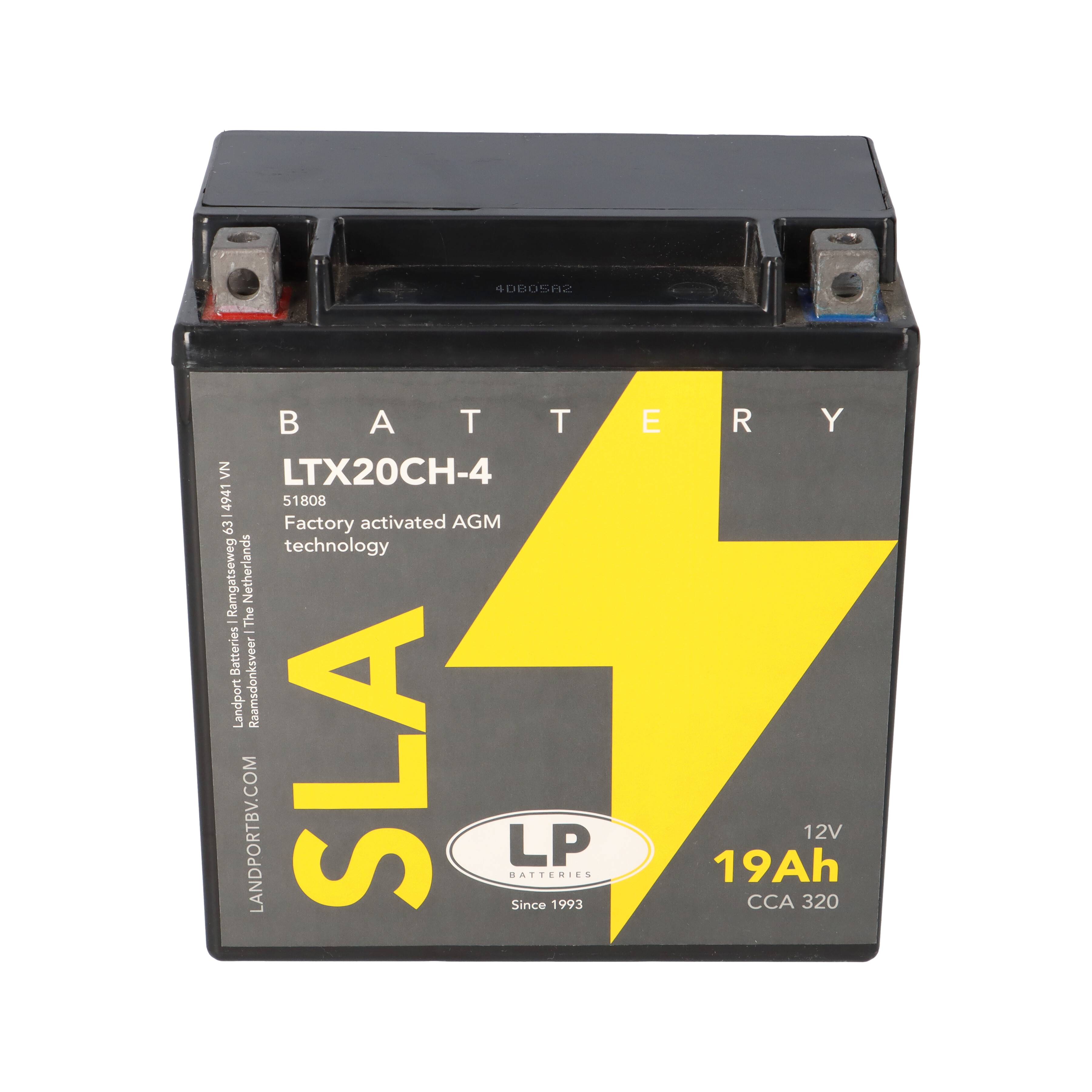 Ein quadratischer schwarzer Akku mit einem großen gelben Blitzschlag und „SLA