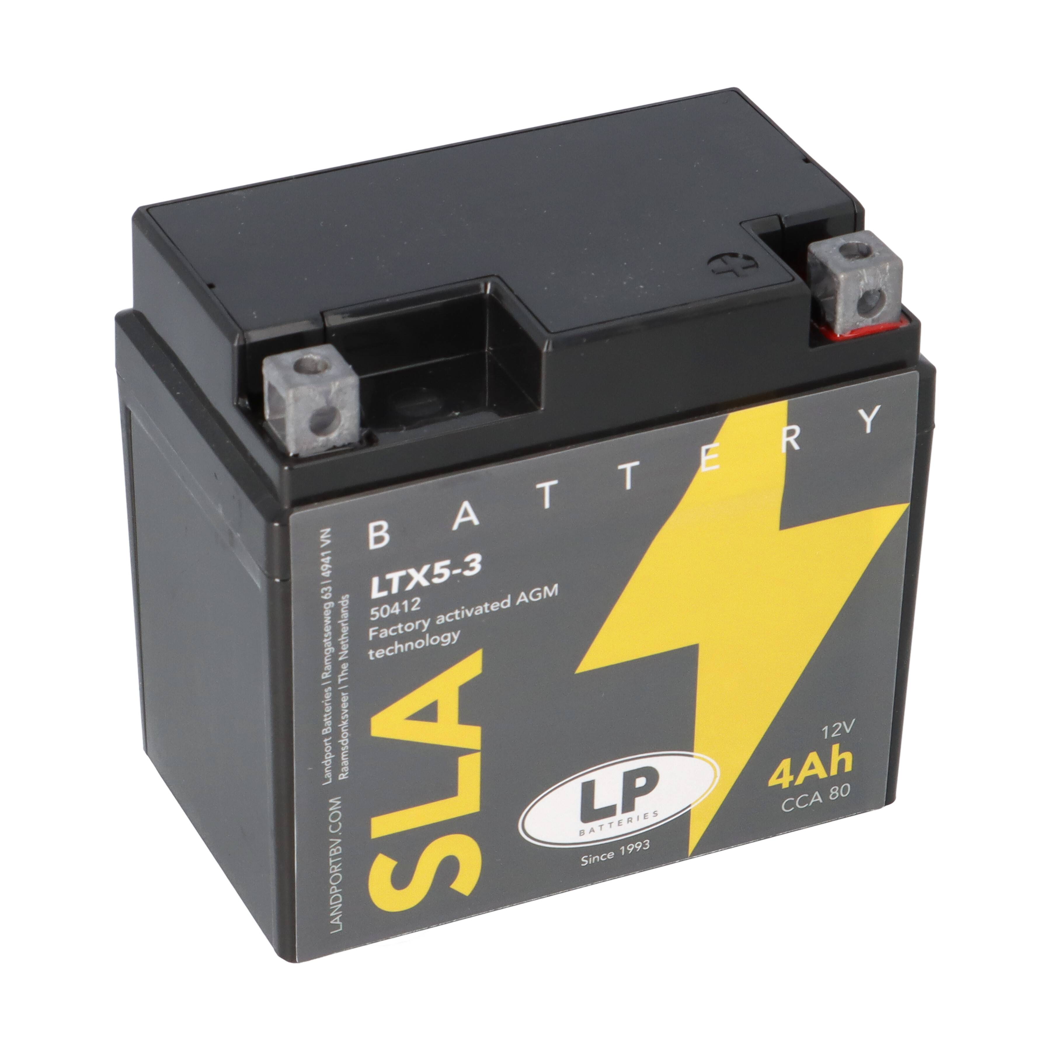 12V 4Ah SLA-Batterie mit gelbem Blitzdesign und LP-Logo. Modell LTX5-3, für werkseitig aktivierte AGM-Technologie.