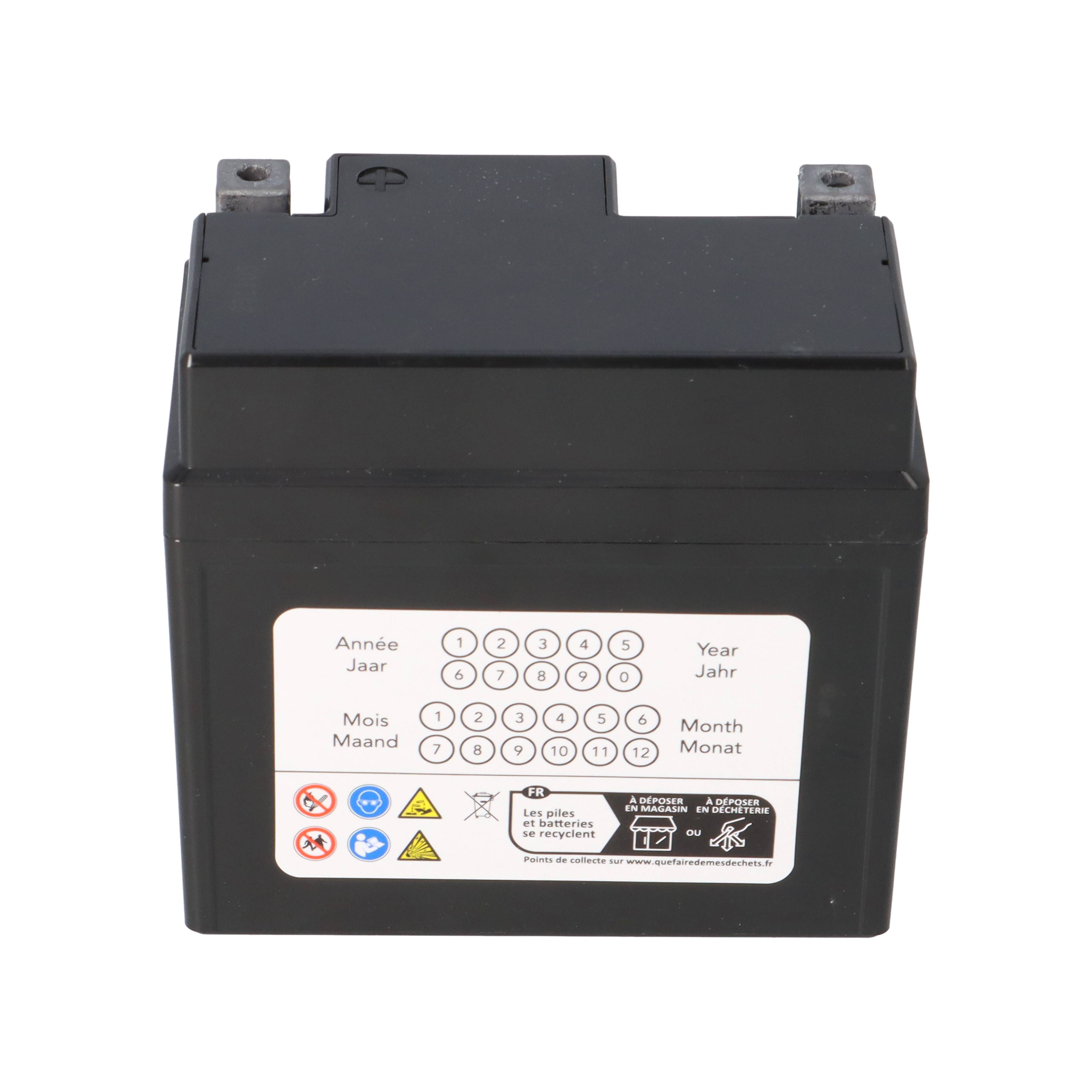 Eine kleine, versiegelte schwarze Batterie mit Kalender und Sicherheitssymbolen, die in elektrischen Geräten verwendet wird und die korrekte Anwendung hervorhebt.