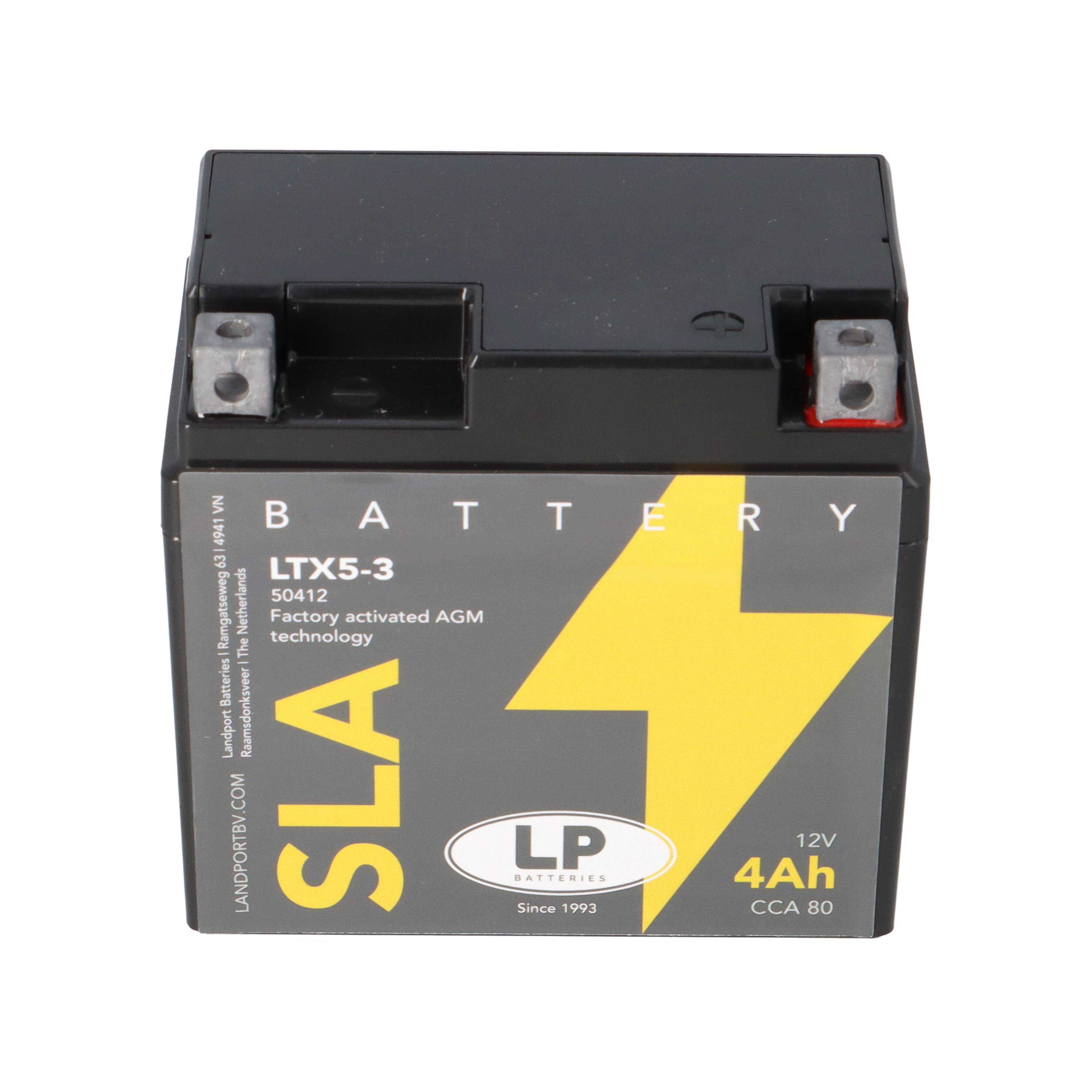 Das Bild zeigt eine LTX5-3 SLA-Batterie von LP Batteries mit AGM-Technologie. Die Batterie ist schwarz mit einem gelben Blitzdesign.