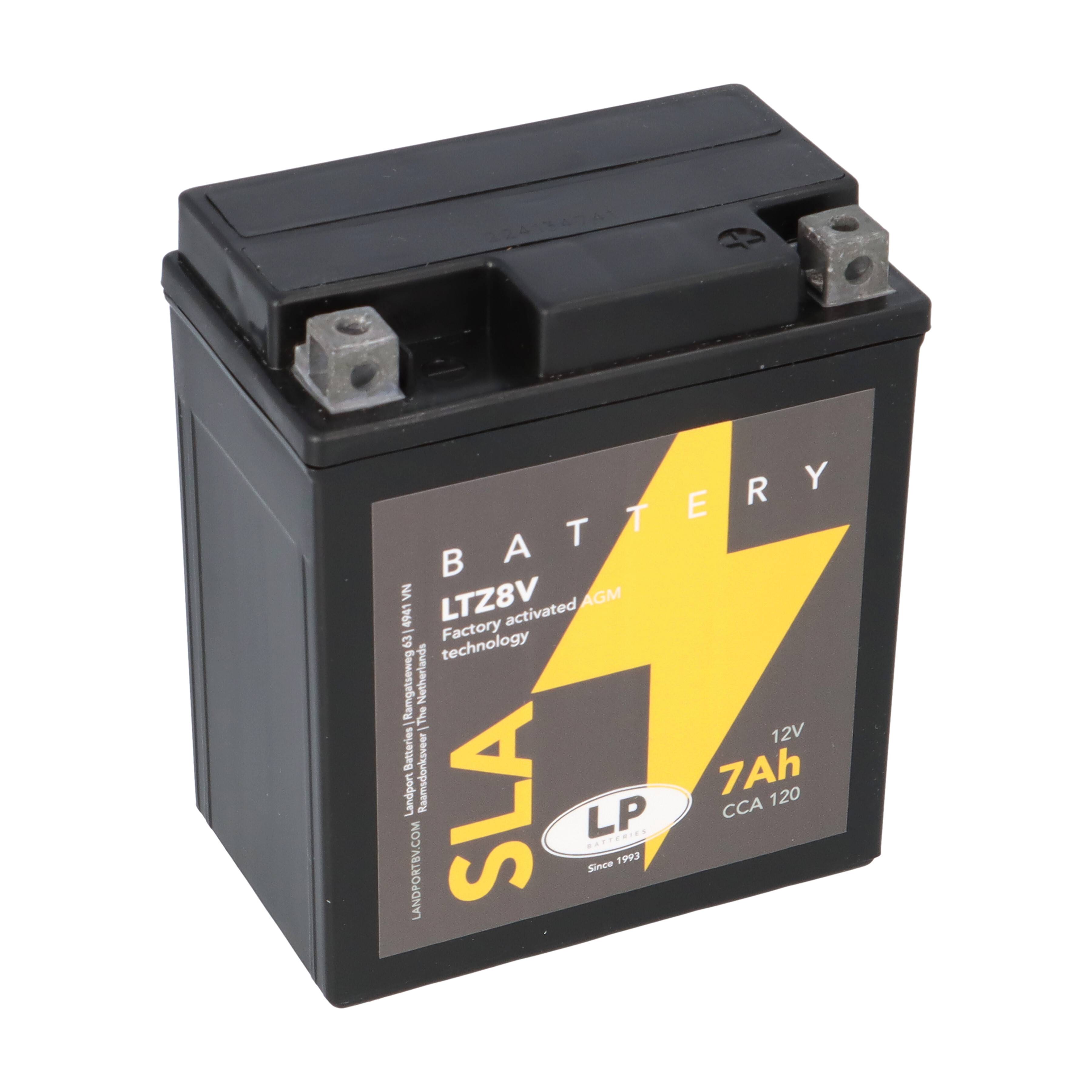 Eine schwarze 12V-Batterie mit gelbem Blitzdesign. Das Etikett zeigt „SLA