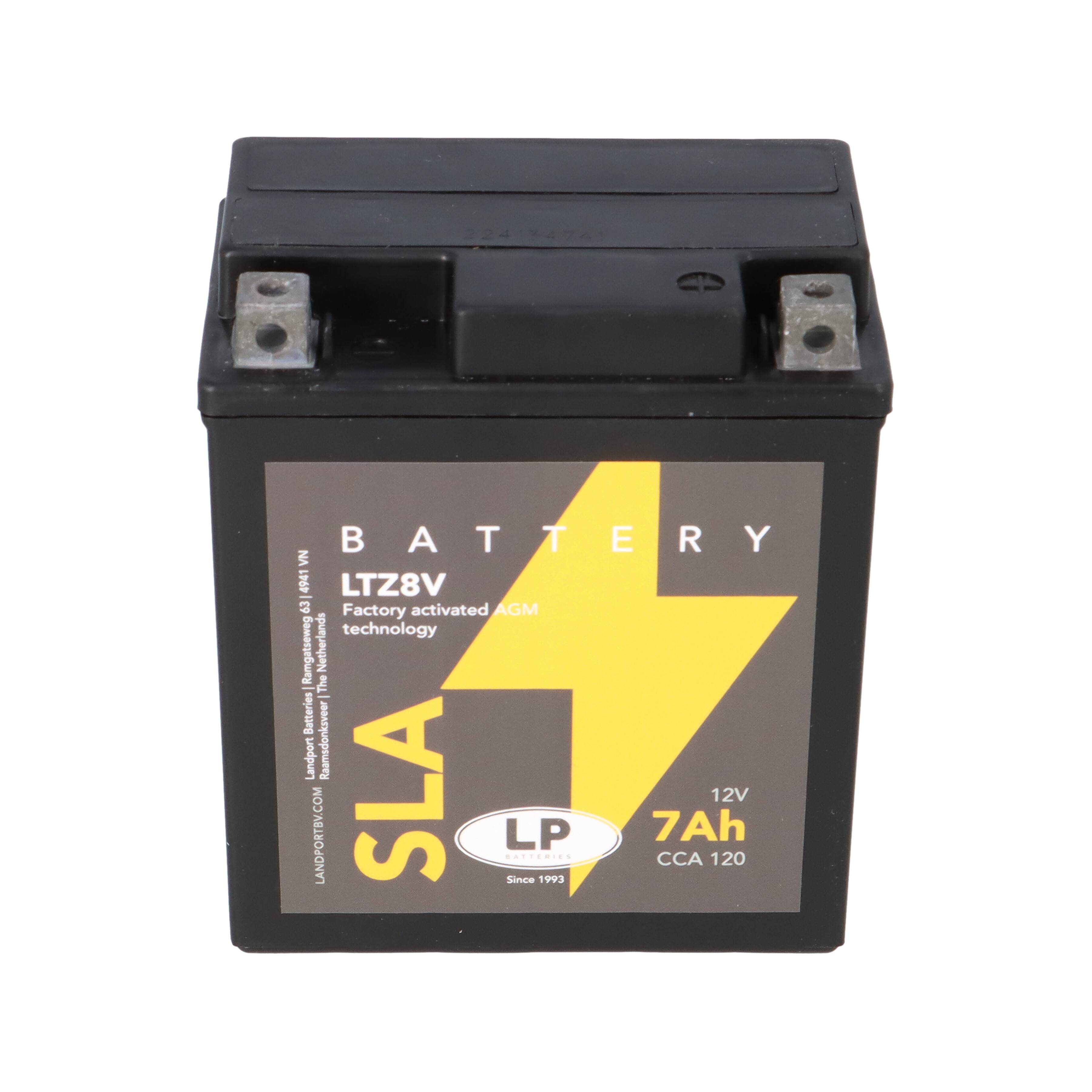 „Schwarze 12V 7Ah SLA-Batterie mit Etikett, das werksseitig aktivierte AGM-Technologie anzeigt. CCA 120, Modell LTZ8V von LP.