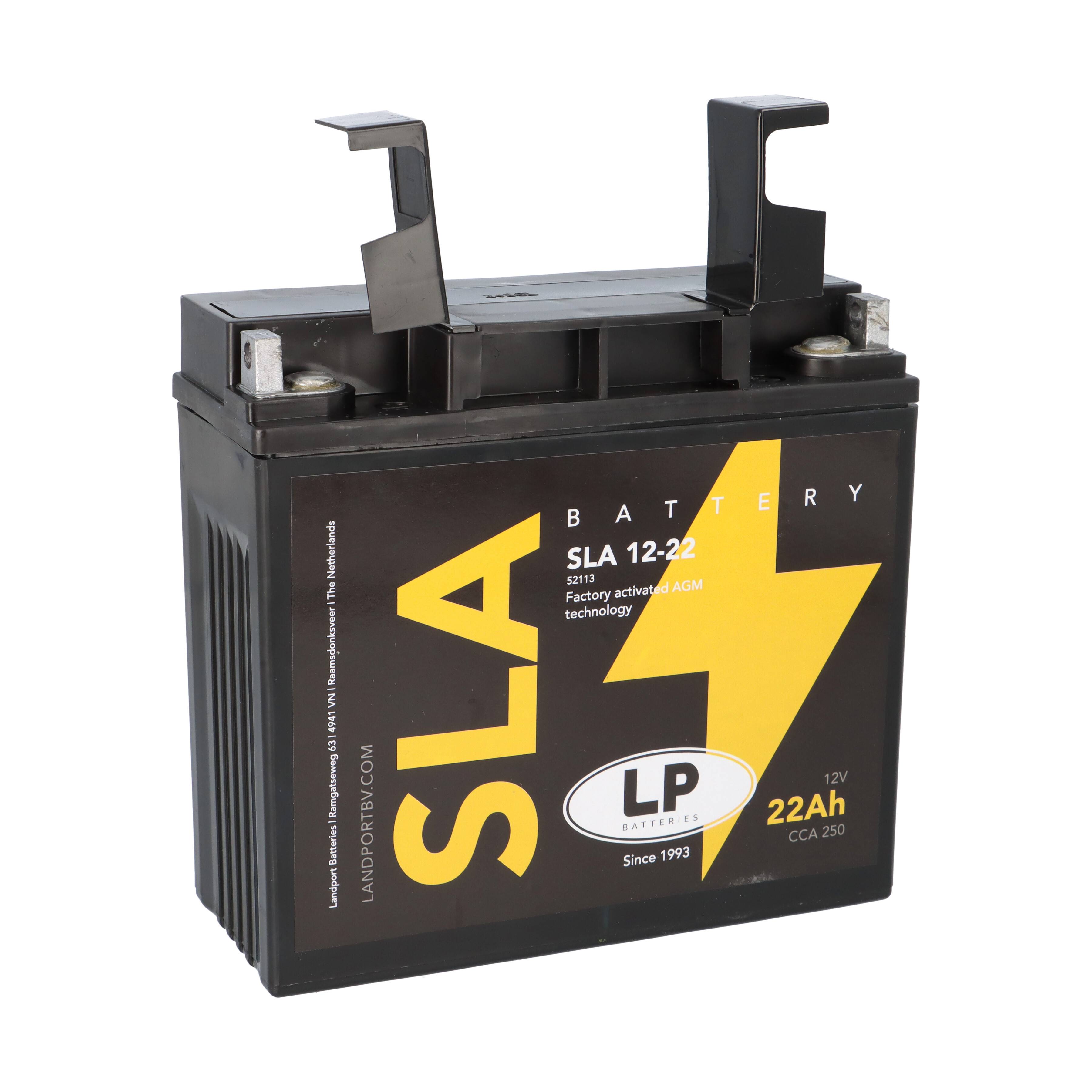 Eine schwarze Fahrzeugbatterie mit der Bezeichnung „SLA-Batterie