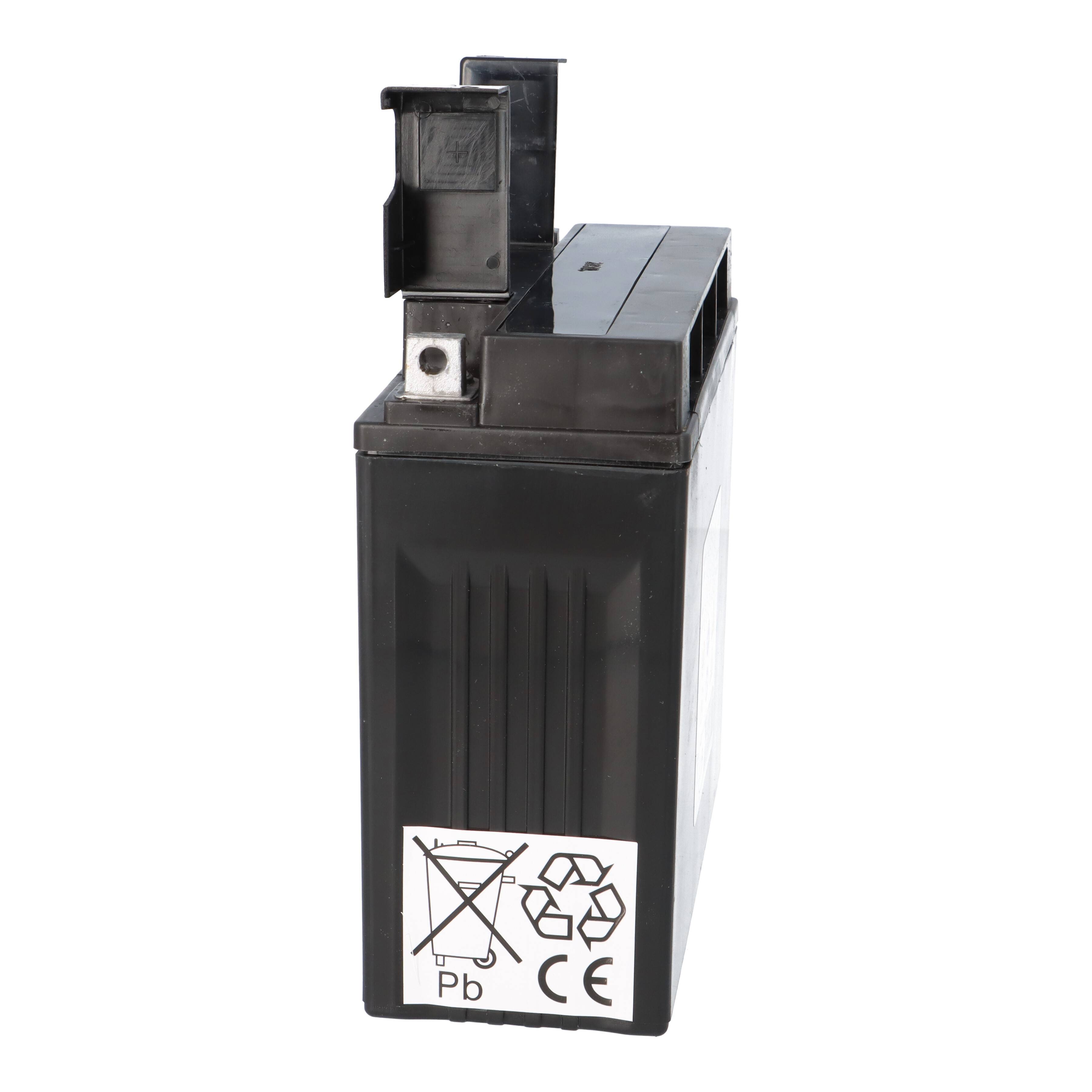 Eine schwarze Batterie mit Recycling- und Bleisymbolen, die auf ordnungsgemäße Entsorgung und Umweltaspekte hindeuten.