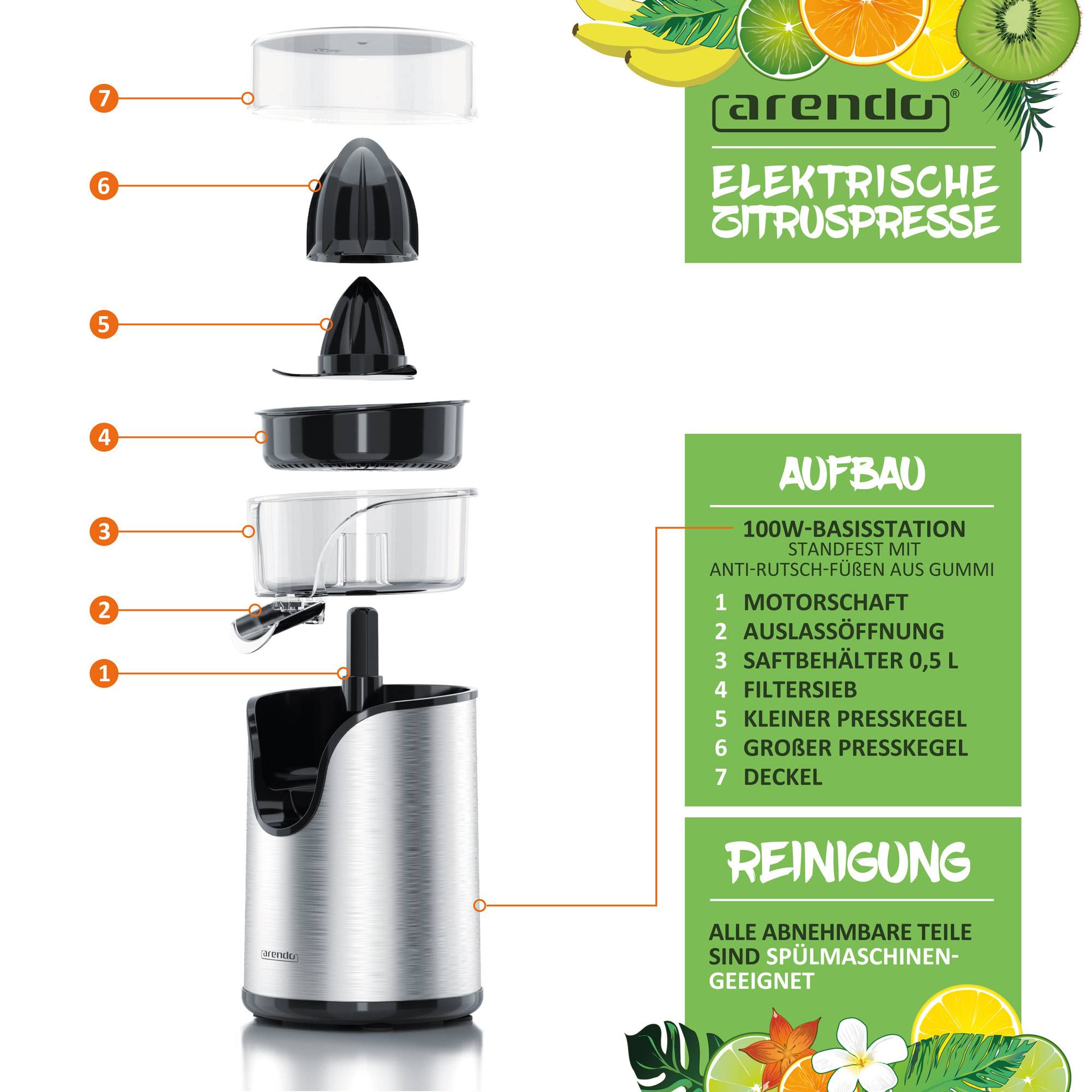 Arendo Zitruspresse, Zitronenpresse elektrisch, Siebeinsatz, Zitronen Presse, silber/schwarz