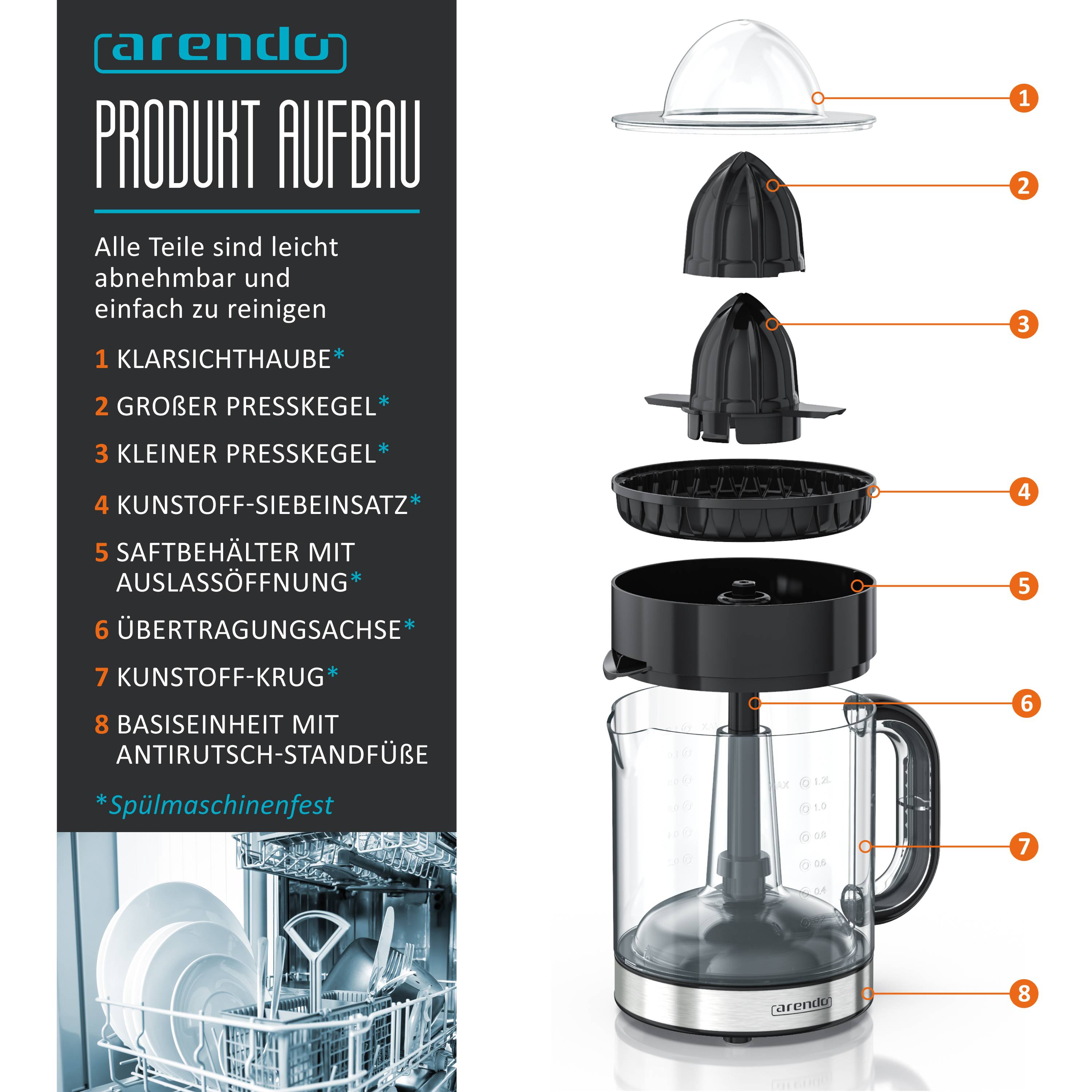 Arendo Zitruspresse mit 40 W & 1,2 Liter Fruchtsaftbehälter Presskegel mit zwei Drehrichtungen