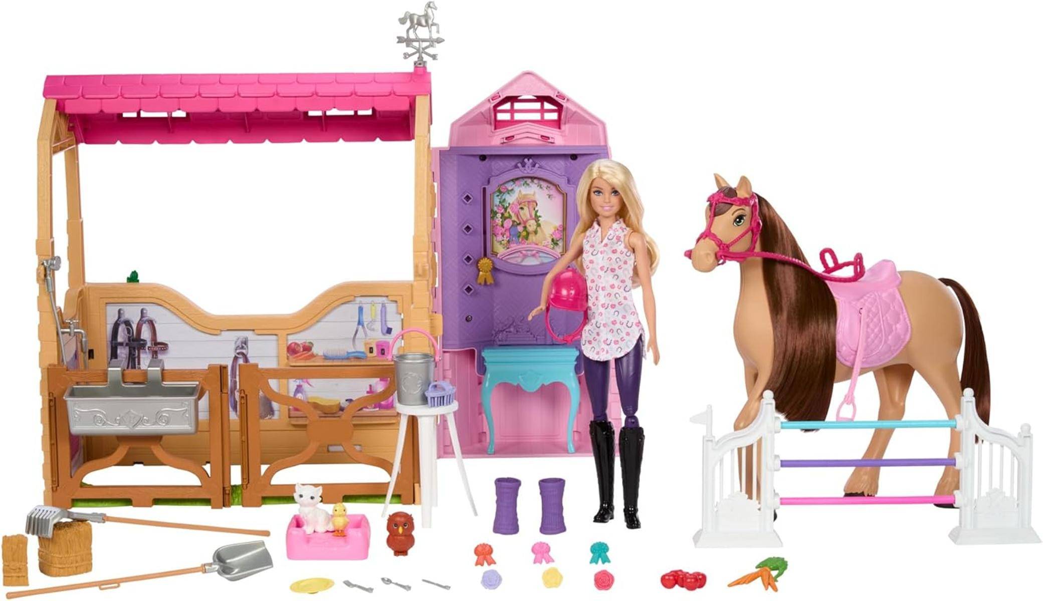 Barbie Spielzeugstall-Spielset mit Puppe Pferd Zubehör 25 Teile 3+ HXJ44