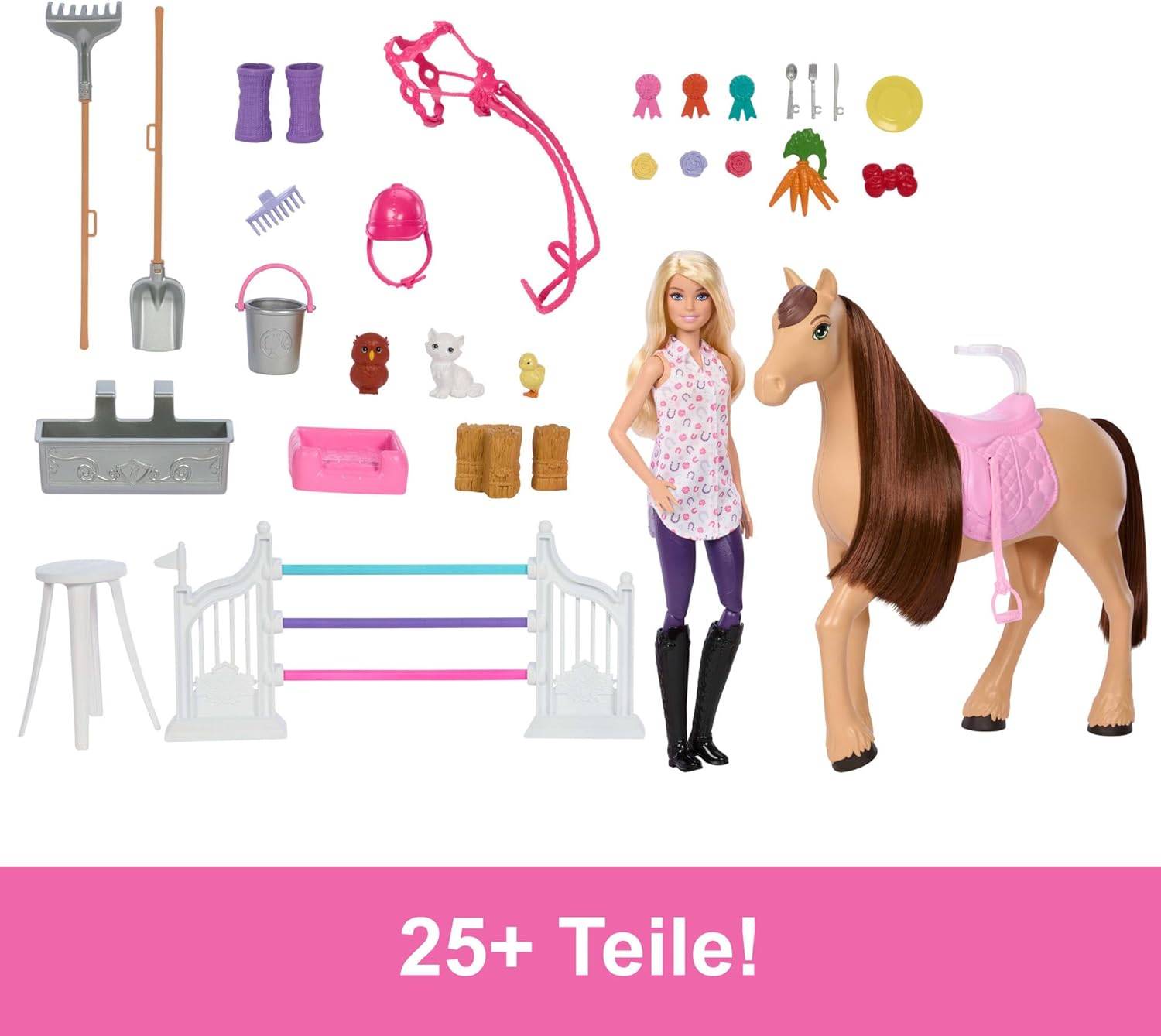 Barbie Spielzeugstall-Spielset mit Puppe Pferd Zubehör 25 Teile 3+ HXJ44