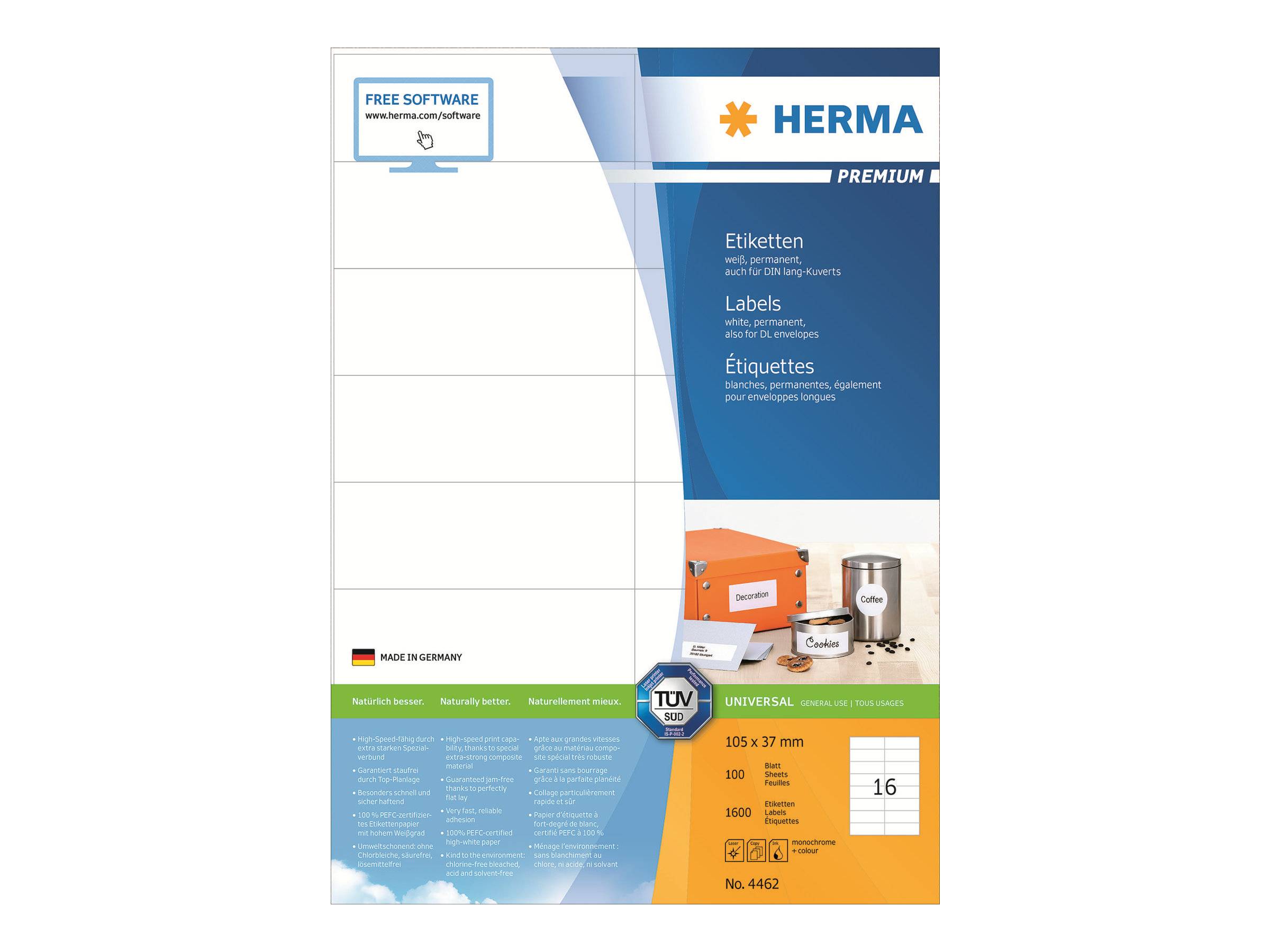 HERMA Premium - Papier - matt - permanent selbstklebend - weiß - 105 x 37 mm 1600 Etikett(en) (100 Bogen x 16)