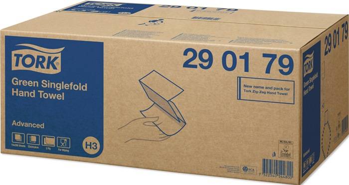 Eine Kartonschachtel mit '29 01 79' in blauer Farbe gedruckt, die ein Handsymbol zeigt, das ein Papierhandtuch zieht.