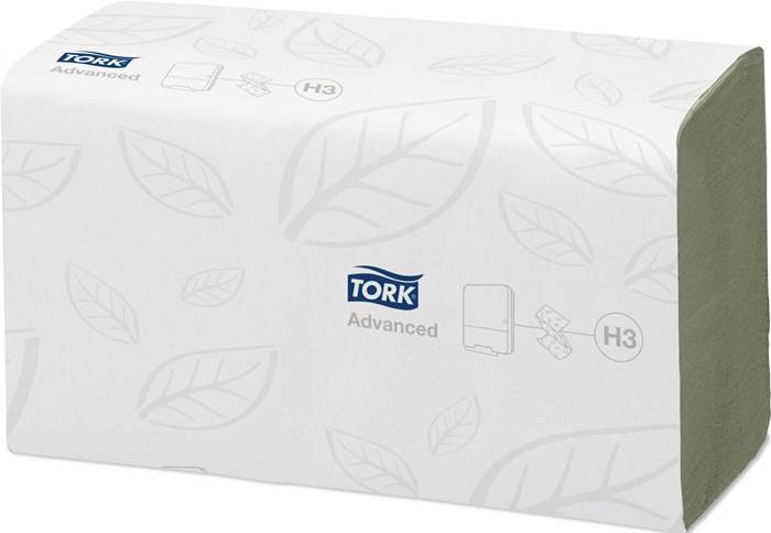 Eine Packung Tork Advanced Papiertücher mit Blattmuster und der Kompatibilitätsmarkierung für den 'H3' Spender.