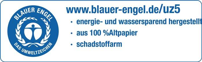 Die Abbildung enthält Text mit drei Aufzählungspunkten: 'energie- und wassersparend', 'aus 100% Altpapier' und 'schadstoffarm'.