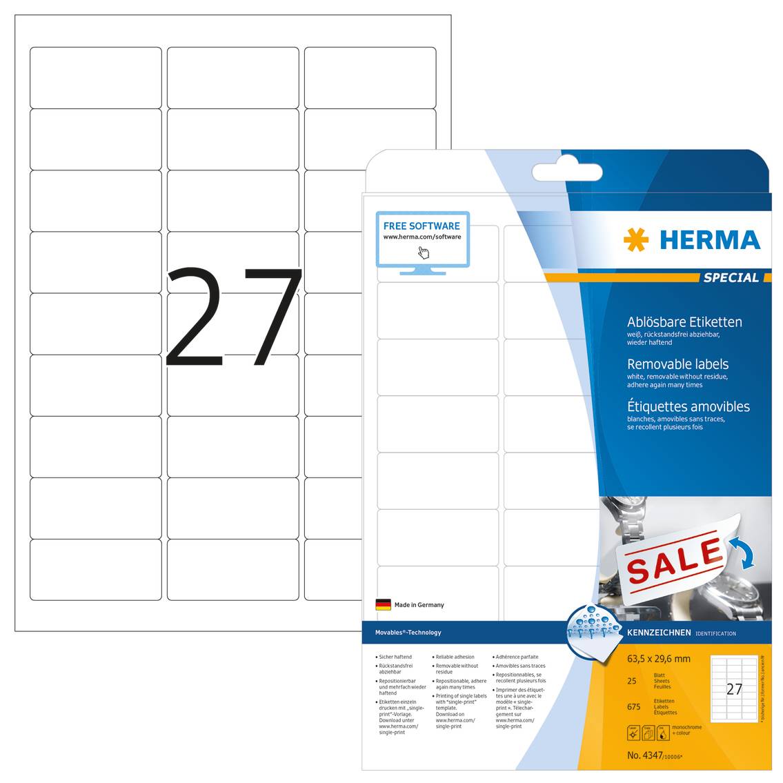 HERMA Special - Papier - matt - selbstklebend, entfernbarer Klebstoff - weiß - 63.5 x 29.6 mm 675 Etikett(en) (25 Bogen