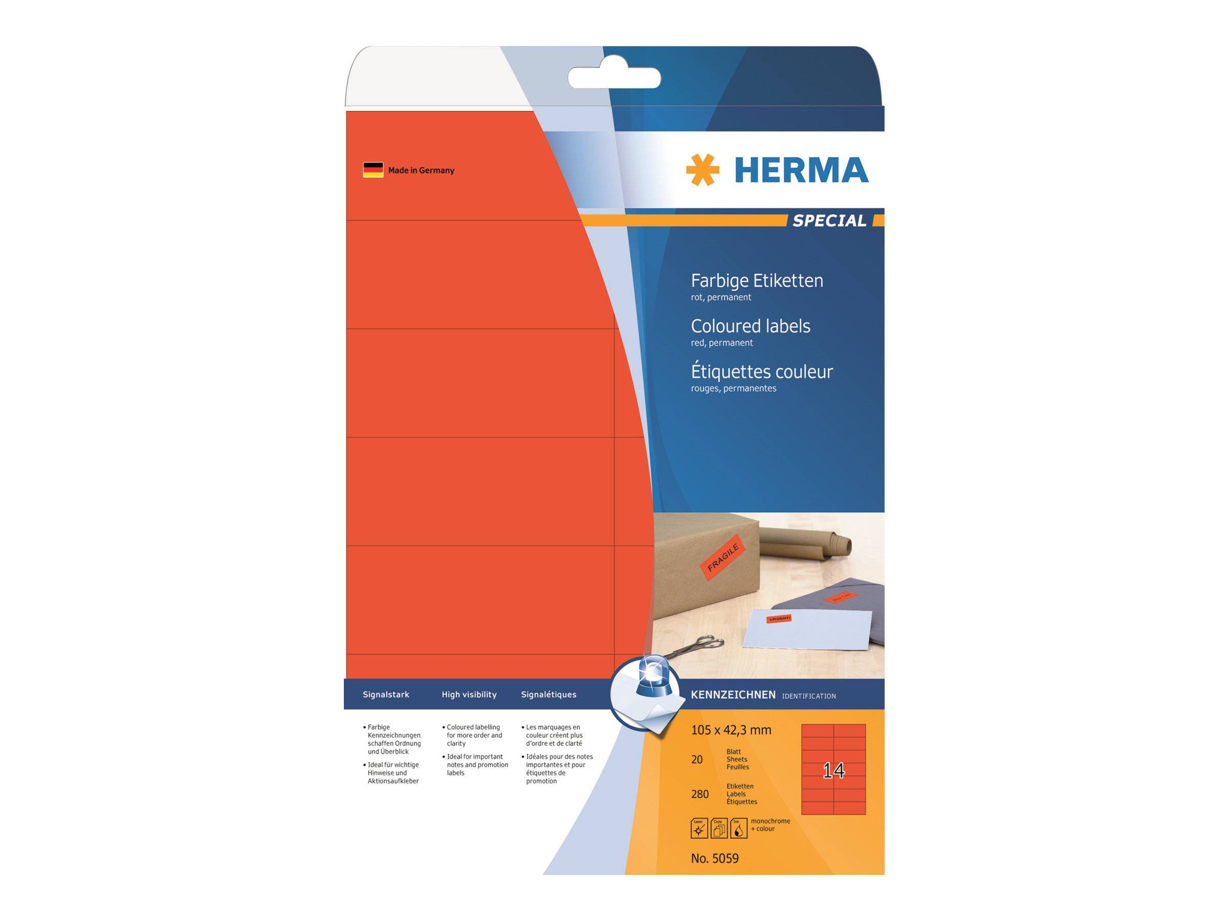 HERMA Special - Papier - matt - permanent selbstklebend - Rot - 105 x 42.3 mm 280 Etikett(en) (20 Bogen x 14)
