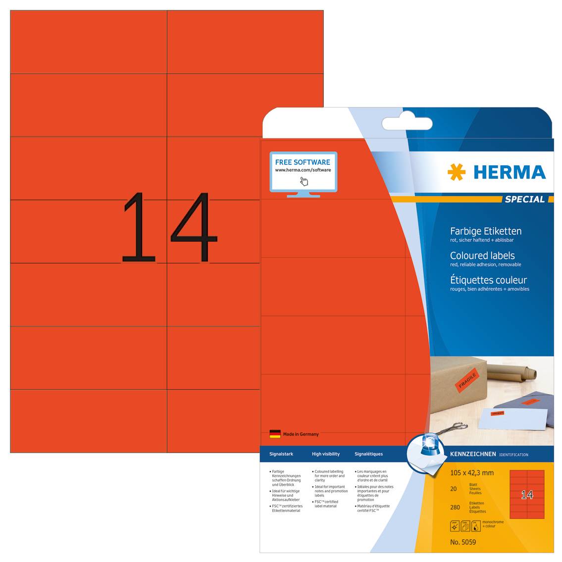 HERMA Special - Papier - matt - permanent selbstklebend - Rot - 105 x 42.3 mm 280 Etikett(en) (20 Bogen x 14)