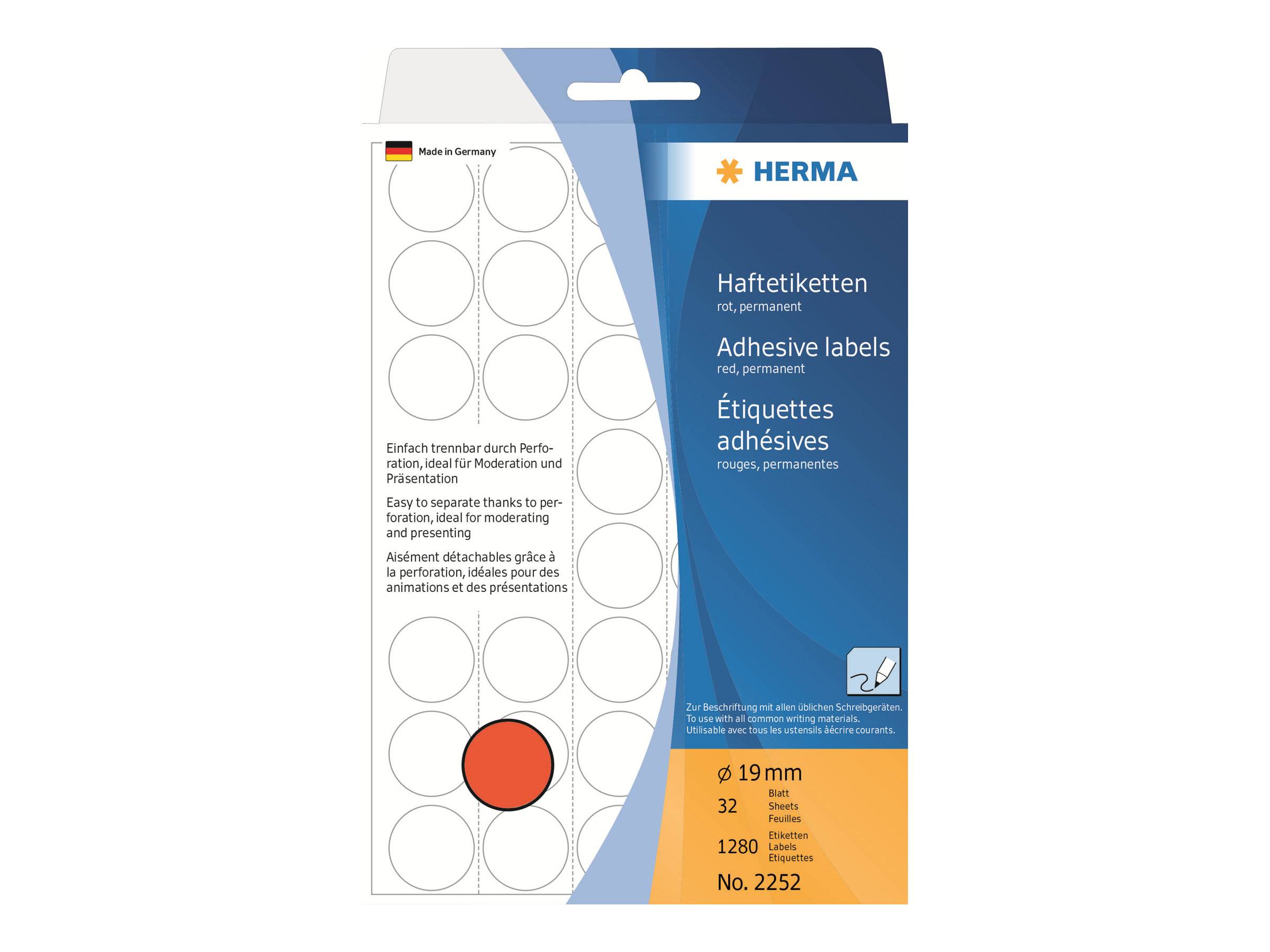 HERMA - Papier - matt - permanenter Klebstoff - Rot - 19 mm rund 1280 Etikett(en) (32 Bogen x 40)