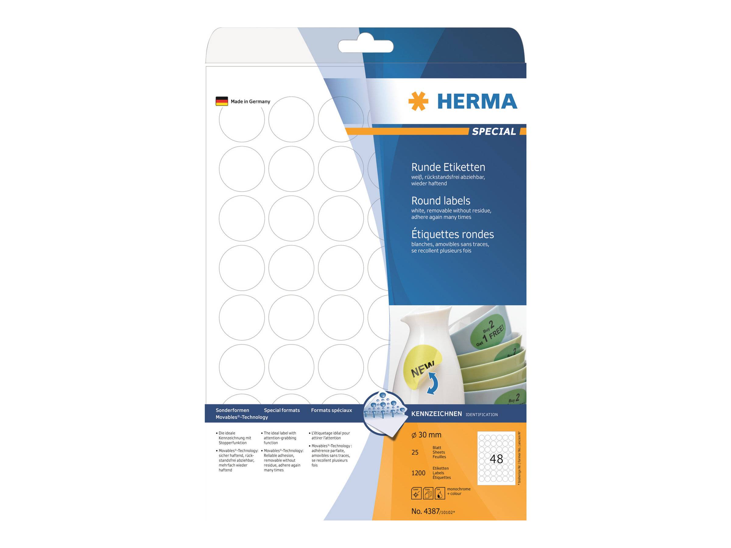 HERMA Special - Papier - matt - selbstklebend, entfernbarer Klebstoff - weiß - 30 mm rund 1200 Etikett(en) (25 Bogen x 4