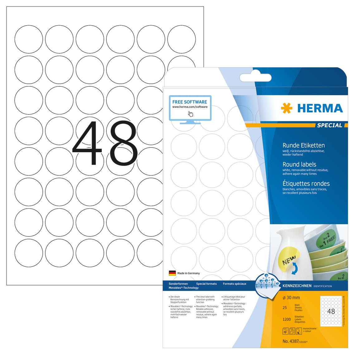 HERMA Special - Papier - matt - selbstklebend, entfernbarer Klebstoff - weiß - 30 mm rund 1200 Etikett(en) (25 Bogen x 4
