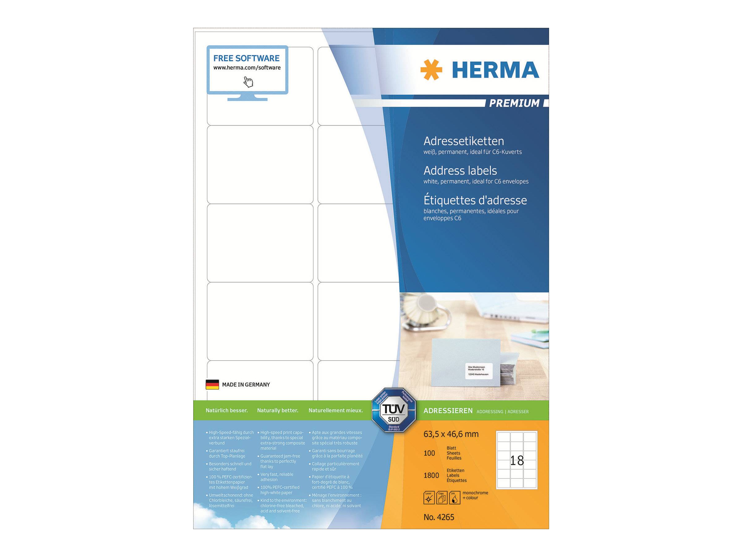 HERMA Premium - Papier - matt - permanent selbstklebend - weiß - 63.5 x 46.6 mm 1800 Etikett(en) (100 Bogen x 18)