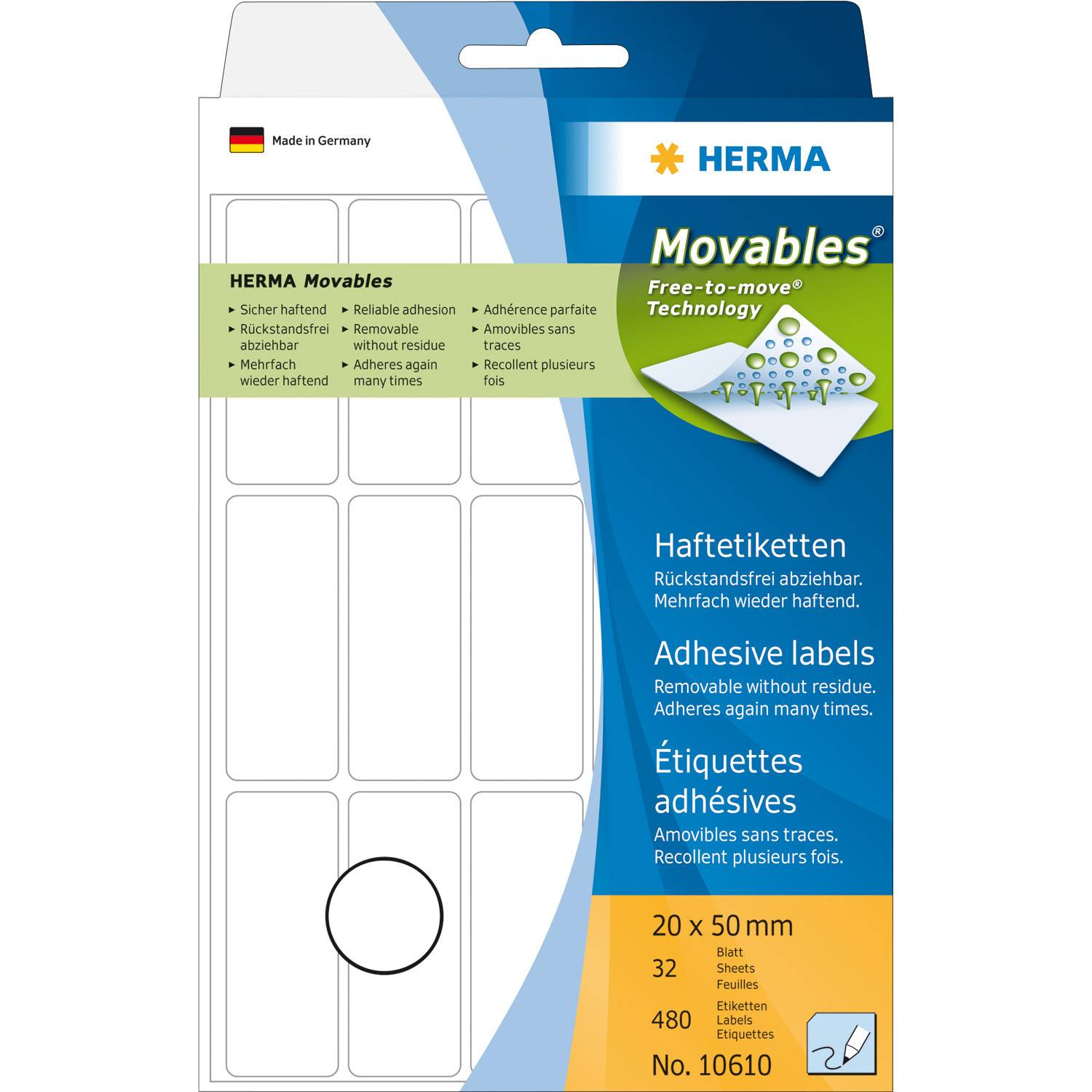 HERMA Movables - Matt - selbstklebend, entfernbarer Klebstoff - weiß - 20 x 50 mm 480 Etikett(en) (32 Bogen x 15)