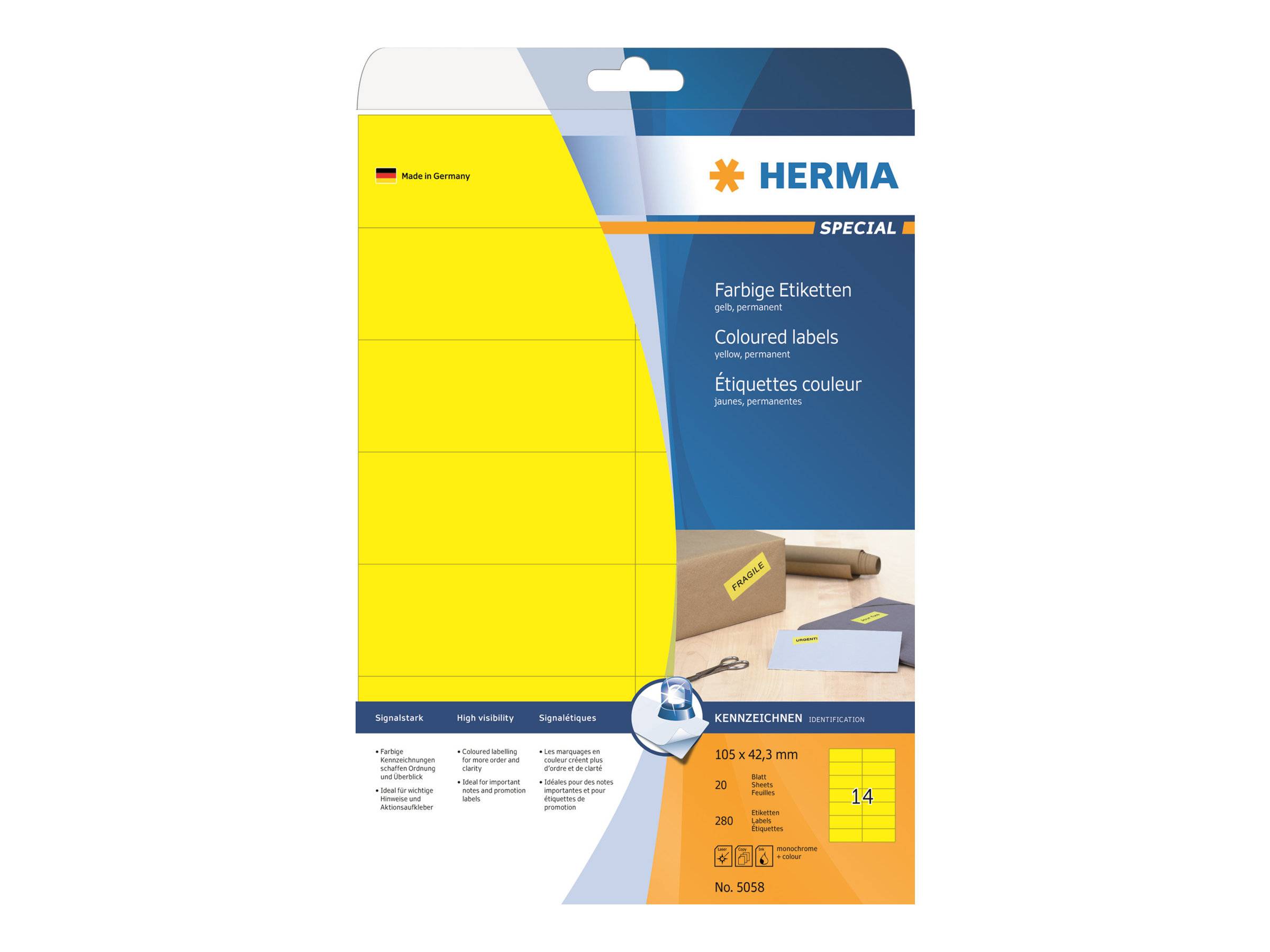 HERMA Special - Papier - matt - permanent selbstklebend - Gelb - 105 x 42.3 mm 280 Etikett(en) (20 Bogen x 14)